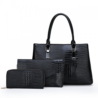 Womens Zipper PU Bag Set Solid Color 3 Pcs Purse Set Black High-end Customization