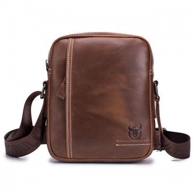 Mens Zipper Cowhide Crossbody Bag Solid Color Black / Brow High-end Customization