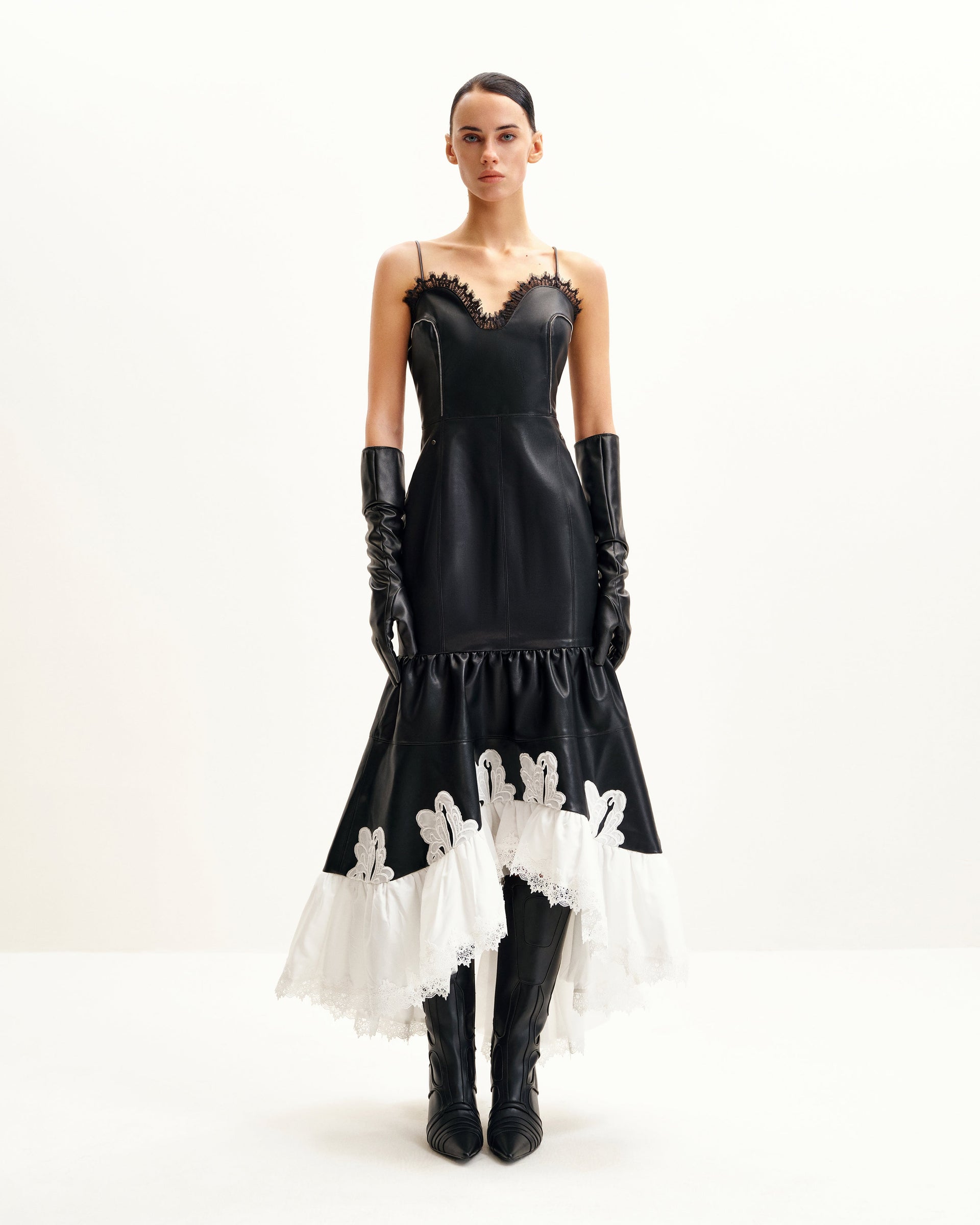 Zora Lace Trim Leather Dress - Black