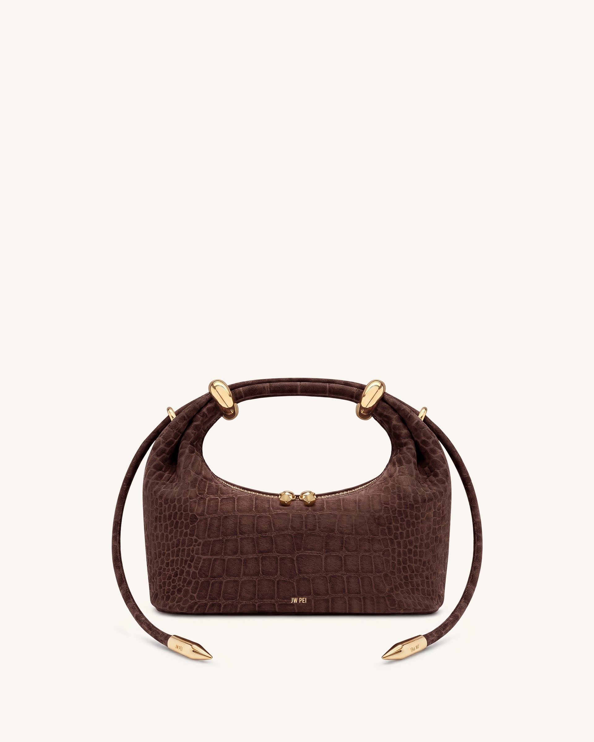 Ellie Faux Suede Metal Ring Embellished Top Handle Bag - Chocolate Brown Croc