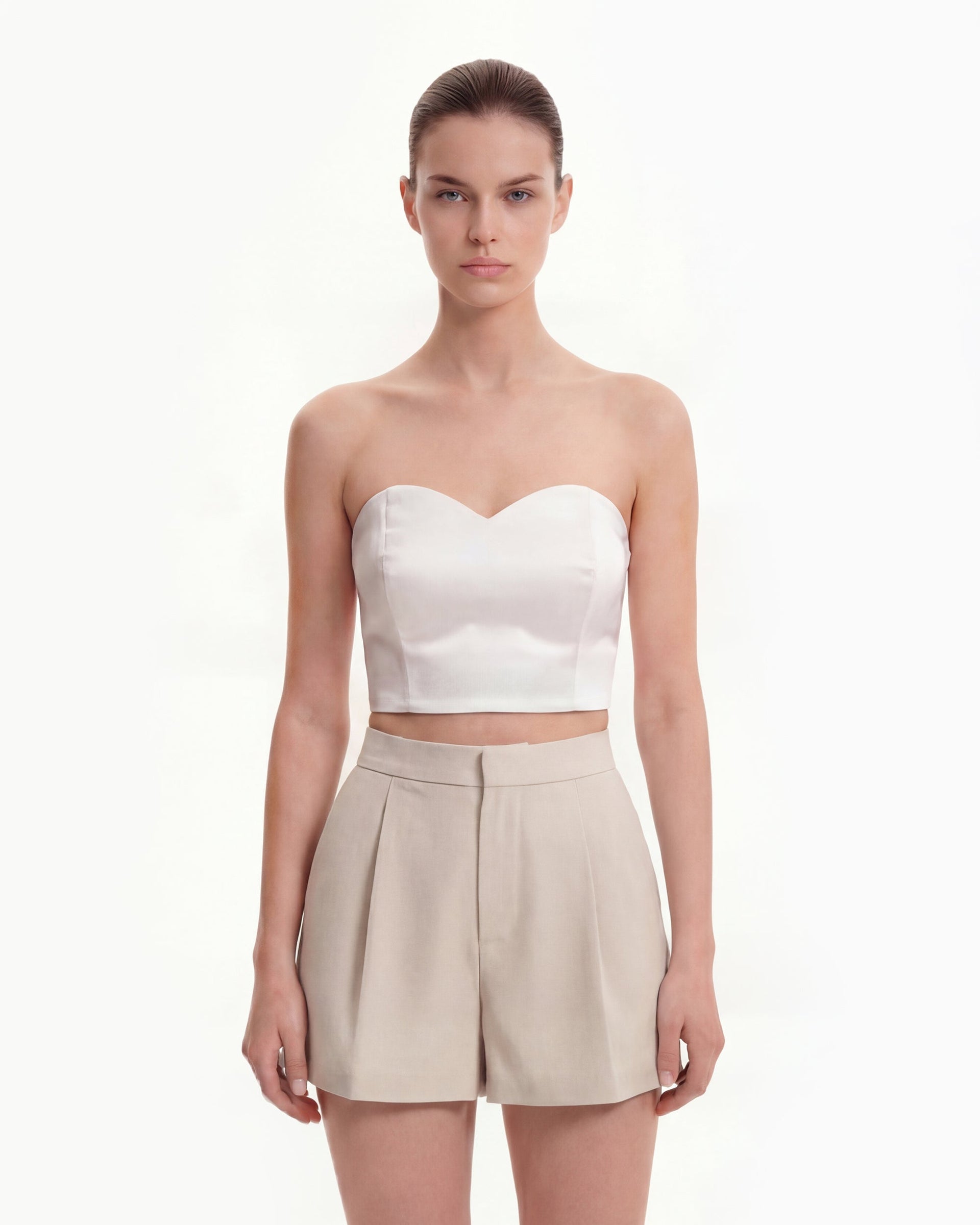 Woven Cotton Tailored Shorts - Beige