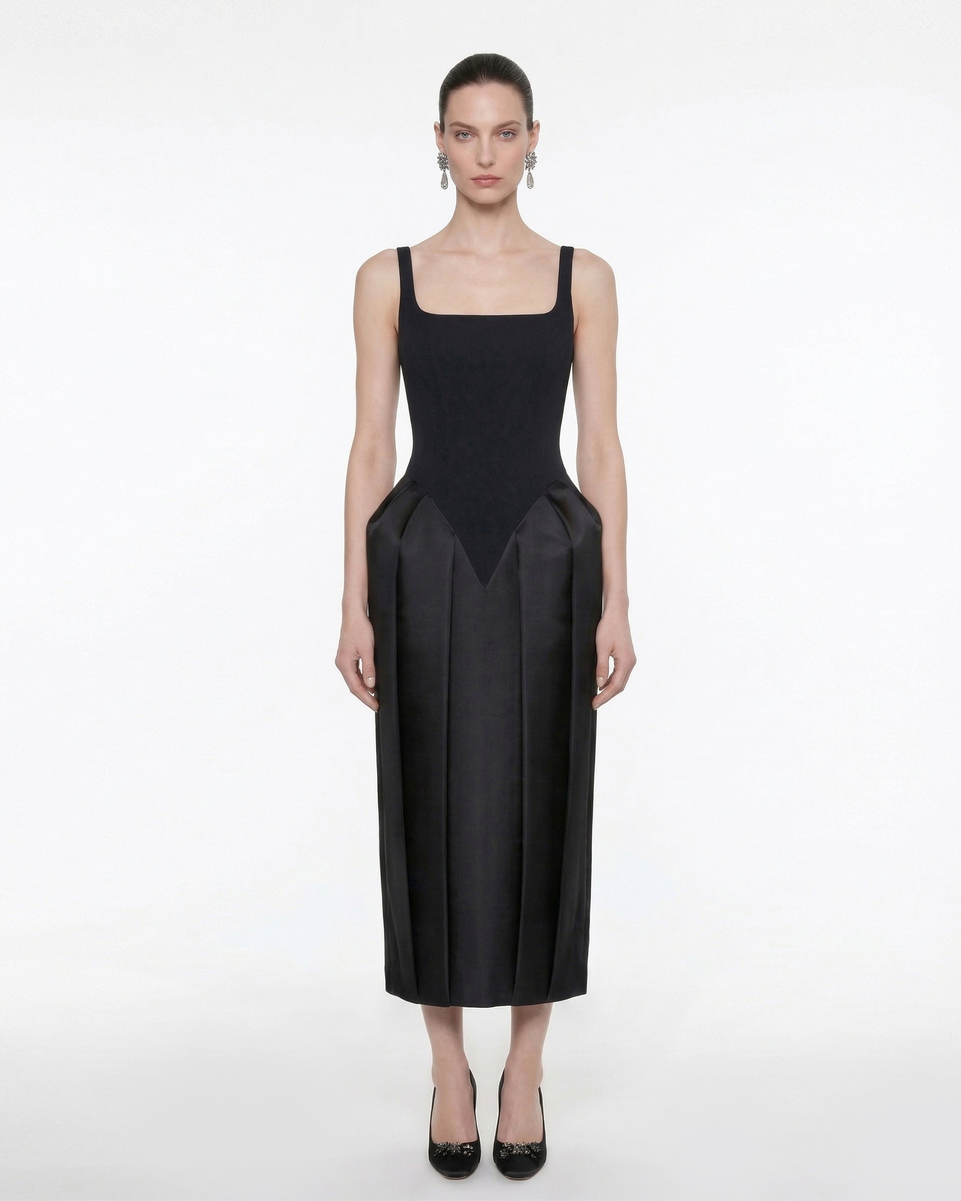 Square Neck Pannier Midi Dress - Black