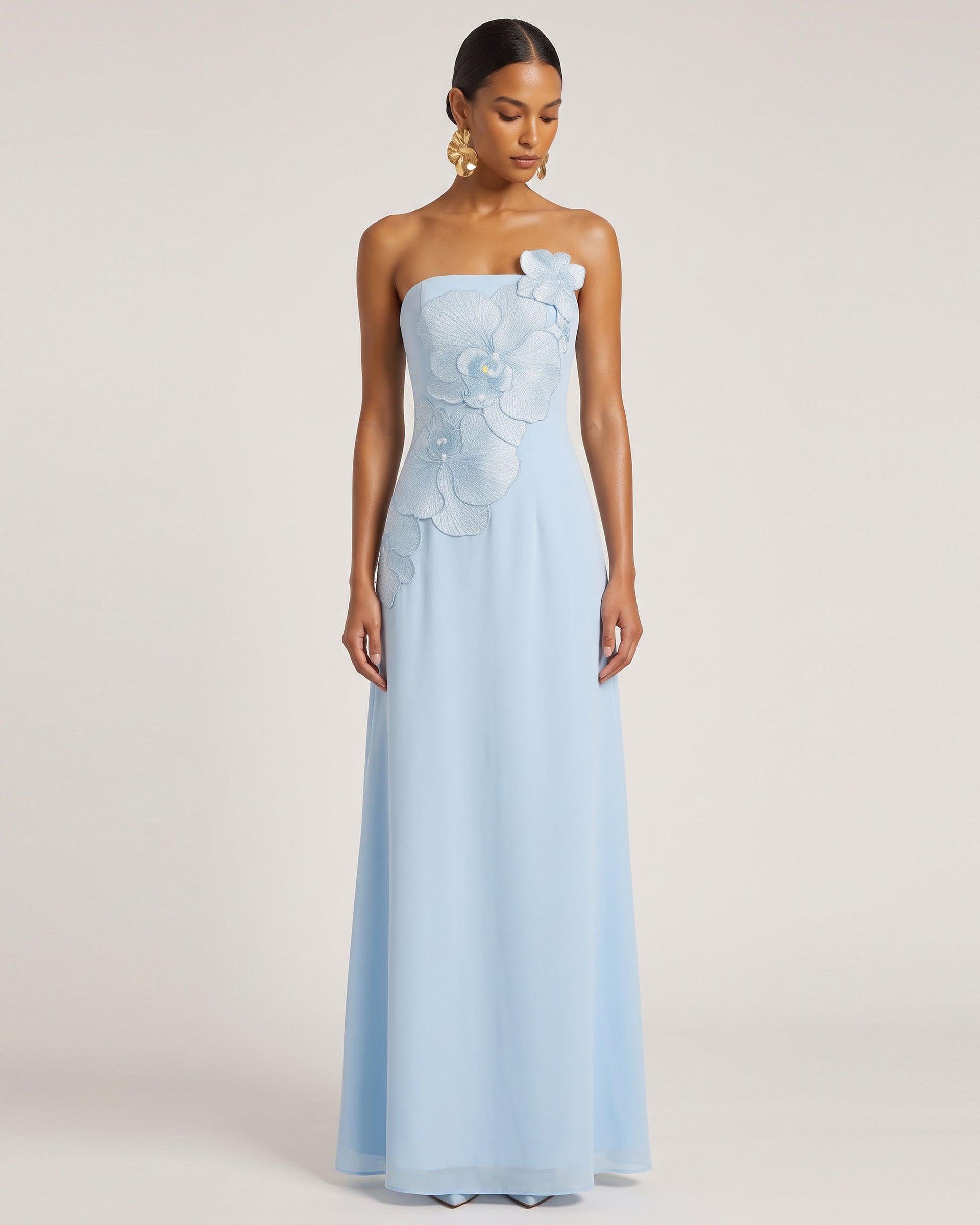 Orchid Embroidered Strapless A-Line Maxi Dress - Light Blue