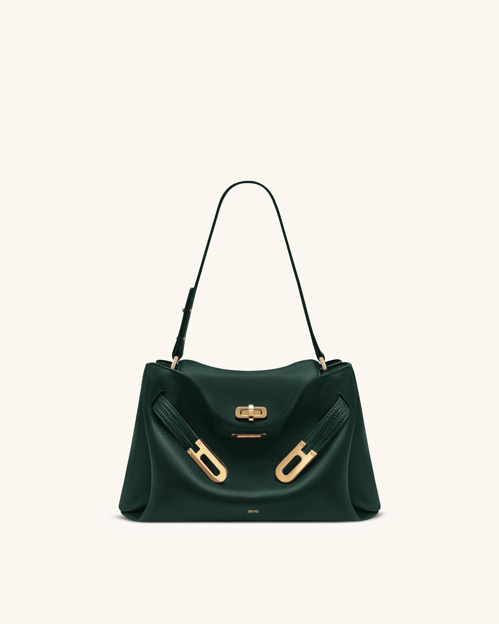Rhea Pebbled Double Buckle Shoulder Bag - Dark Green