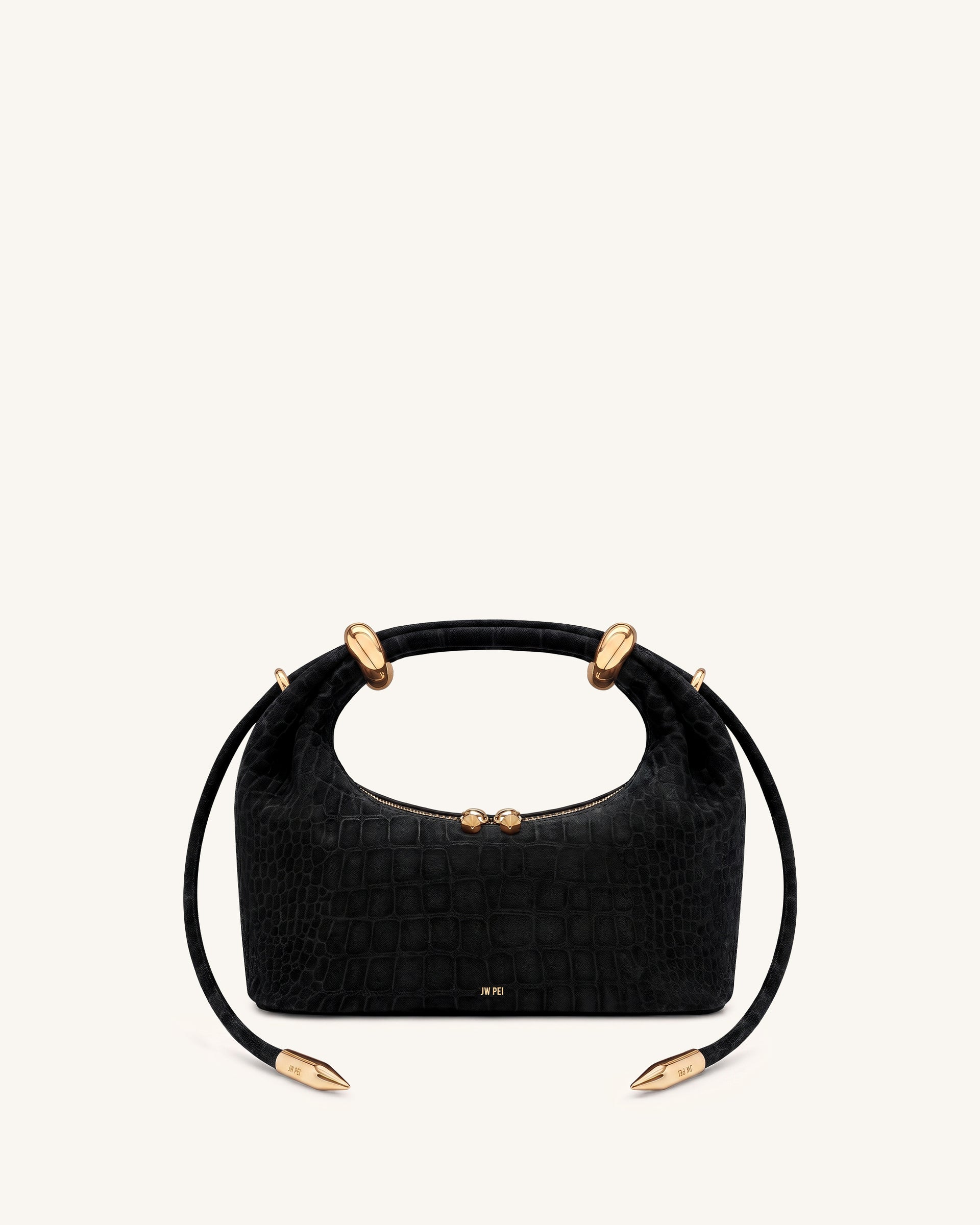 Ellie Faux Suede Metal Ring Embellished Top Handle Bag - Black Croc