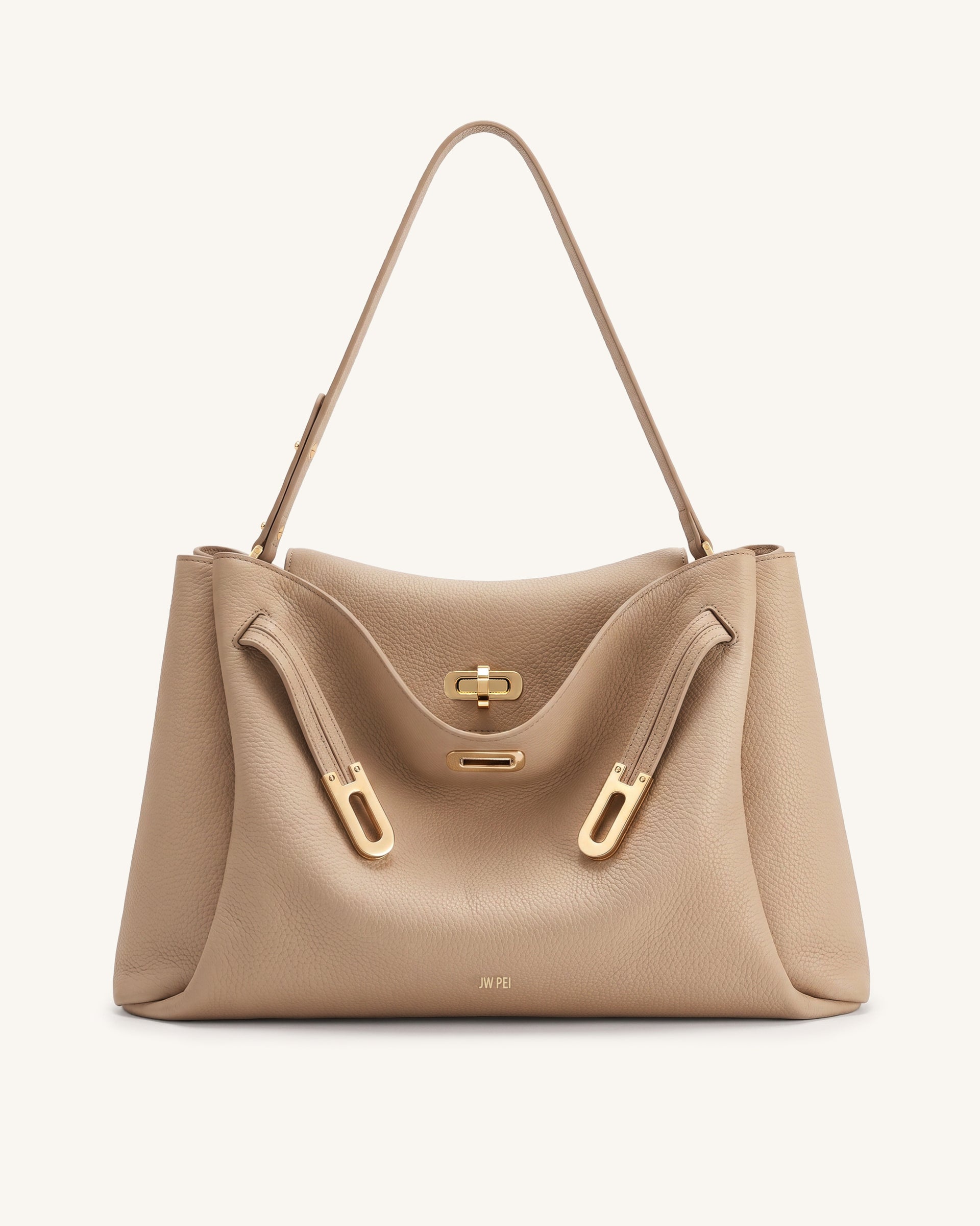 Rhea Large Pebbled Double Buckle Shoulder Bag - Light Camel