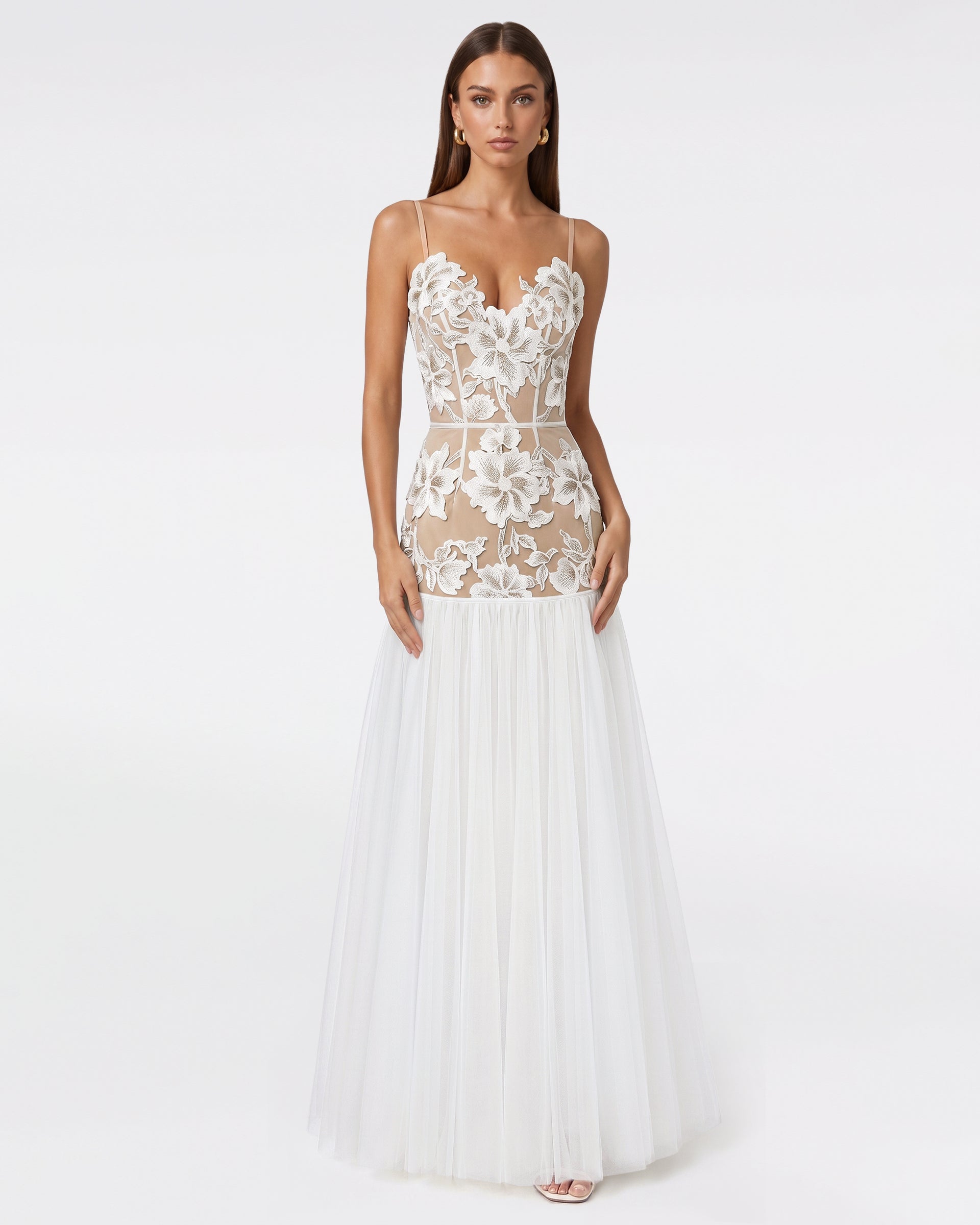 Floral Appliqué Sheer Tulle Maxi Dress - White