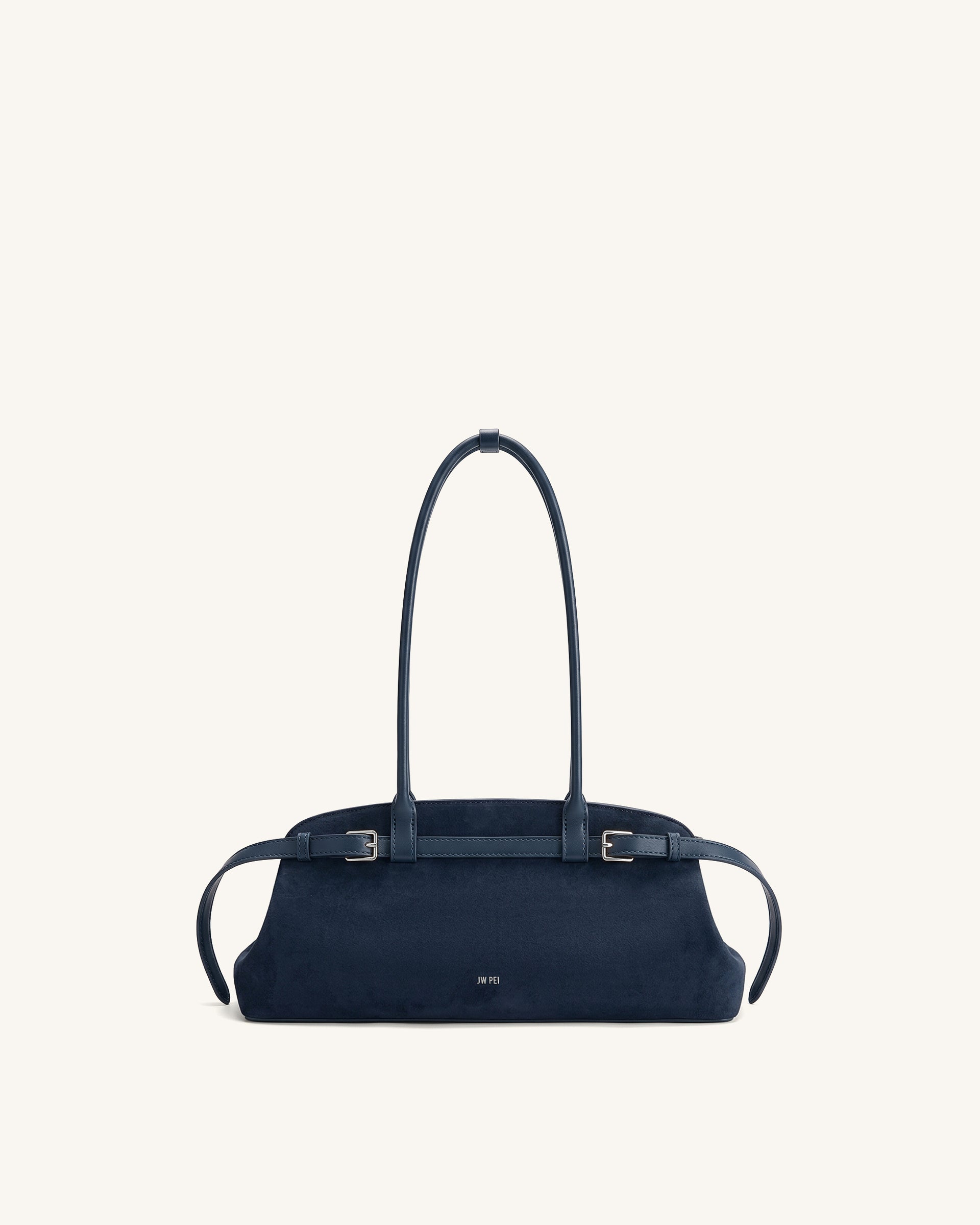 Arden Faux Suede Belt Detail East-West Shoulder Bag - Navy Blue