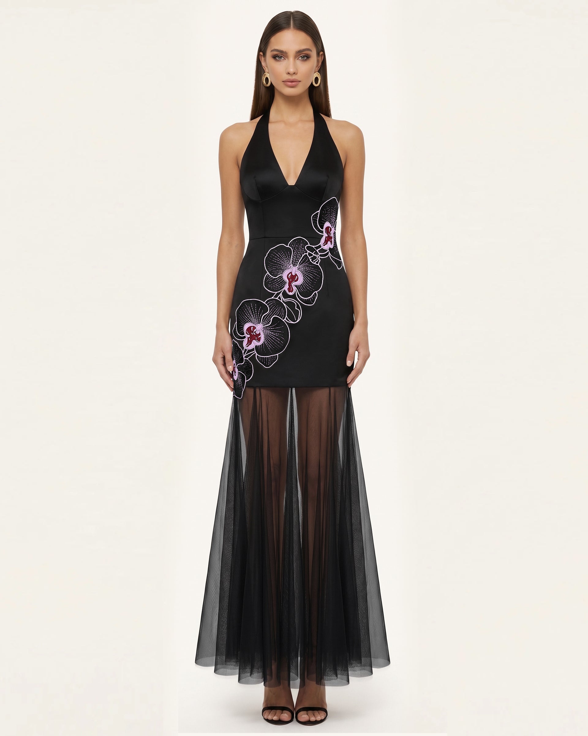 Orchid Embroidered Sheer Hem Halter Maxi Dress-  Black Purple