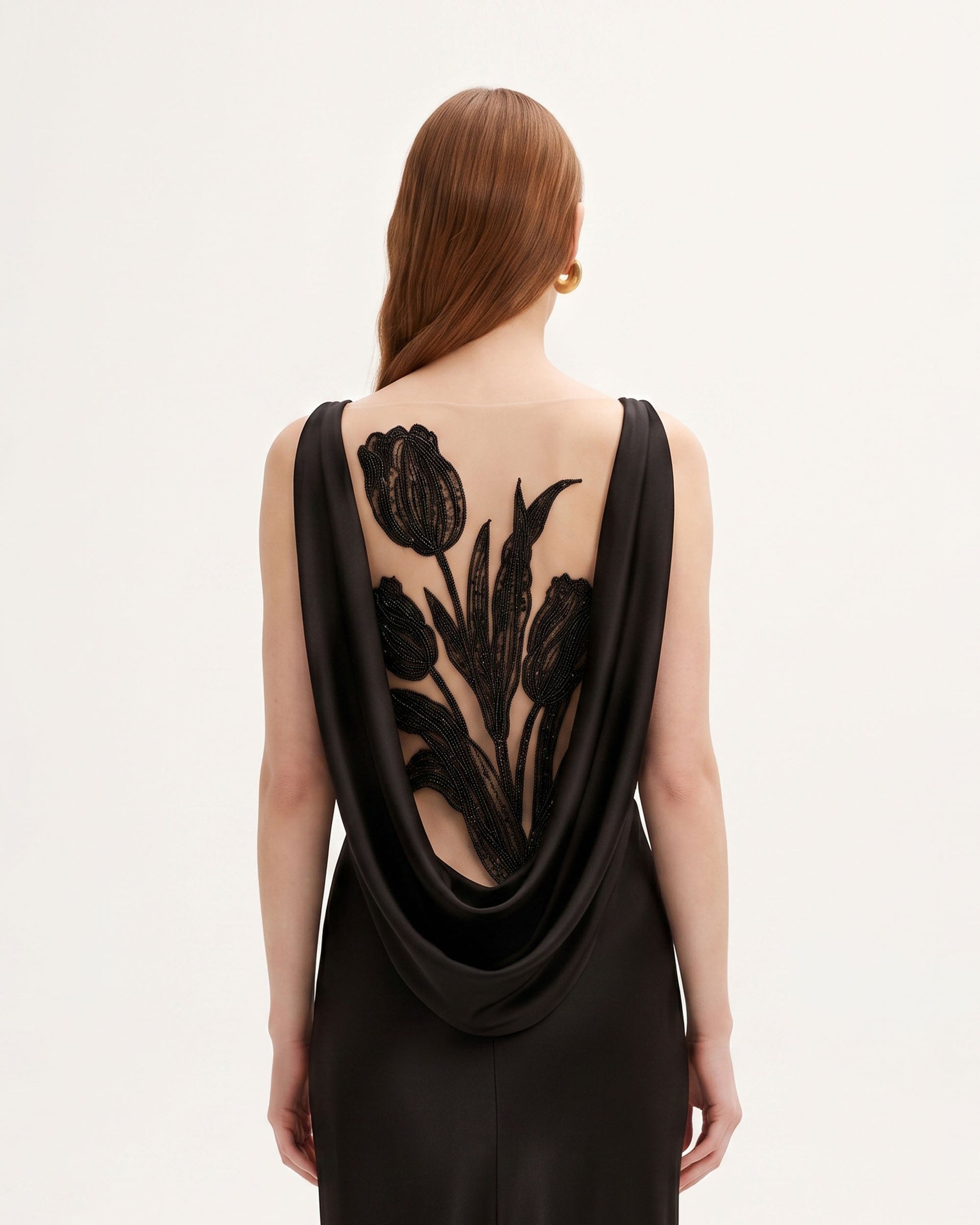 Tulip Appliqué Cowl-Back Satin Column Maxi Dress - Black