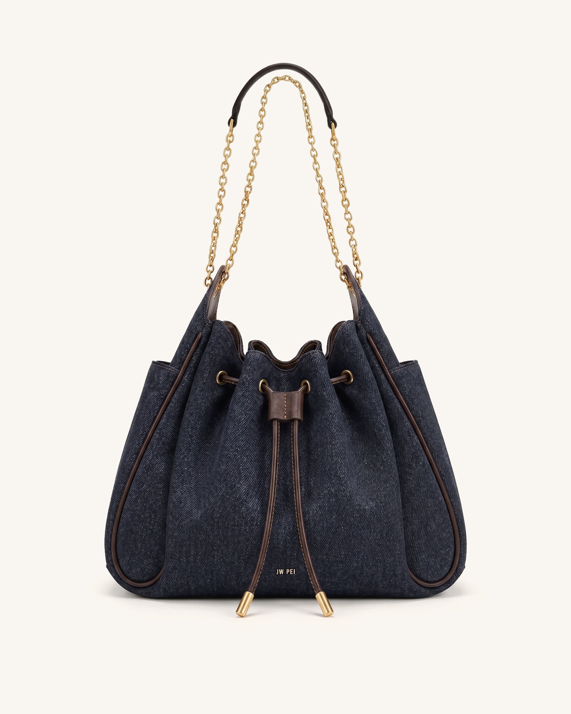 Rowan Ruched Drawstring Chain Bucket Bag - Black Blue Denim