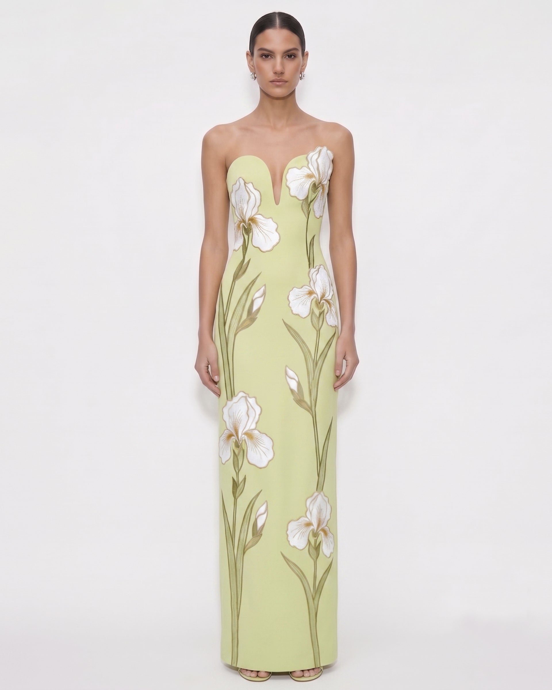 Iris Embroidered
Notch Neck Strapless Maxi Dress
 - Light Green
