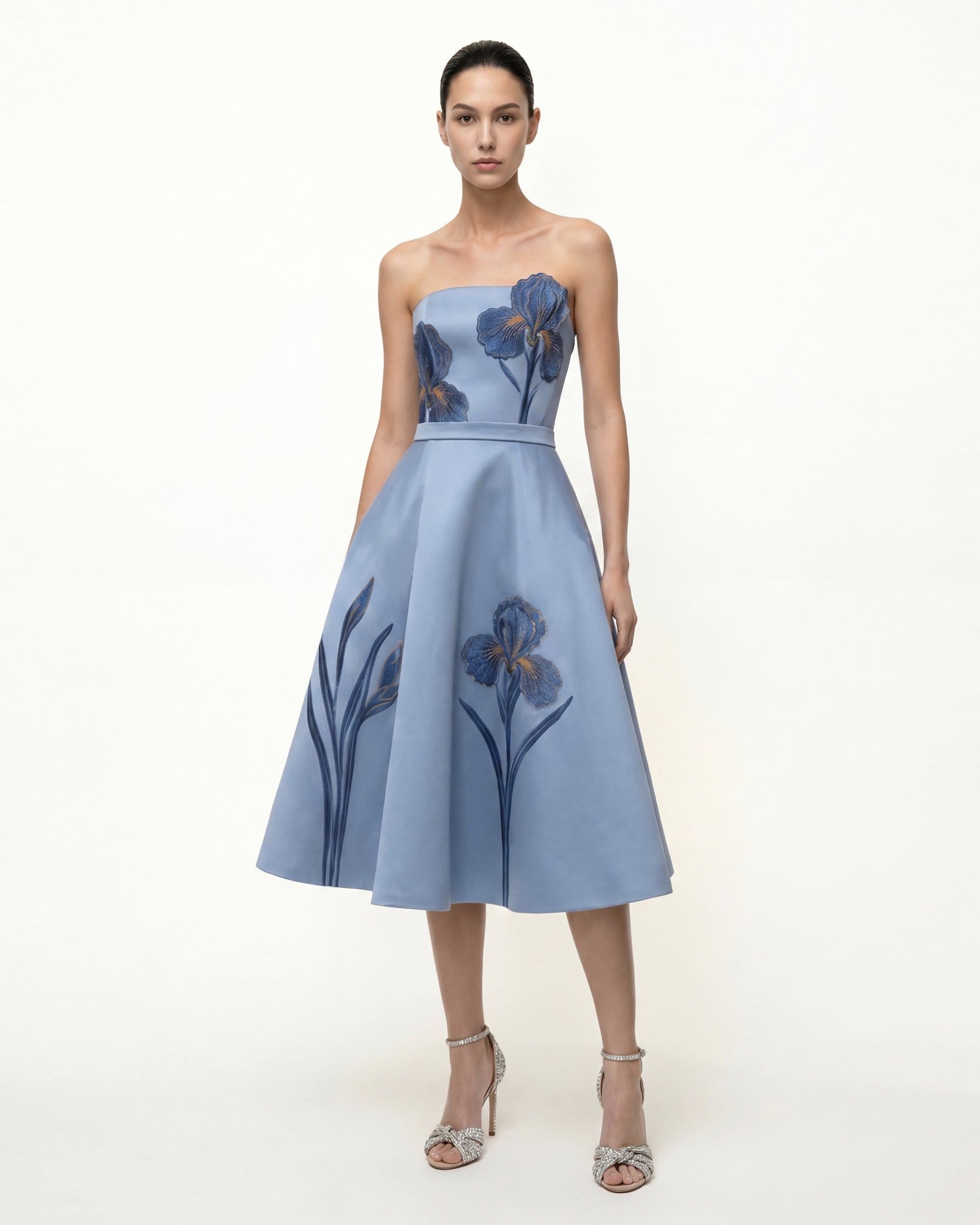 Iris Embroidered Strapless A-Line Midi Dress - Dusty Blue