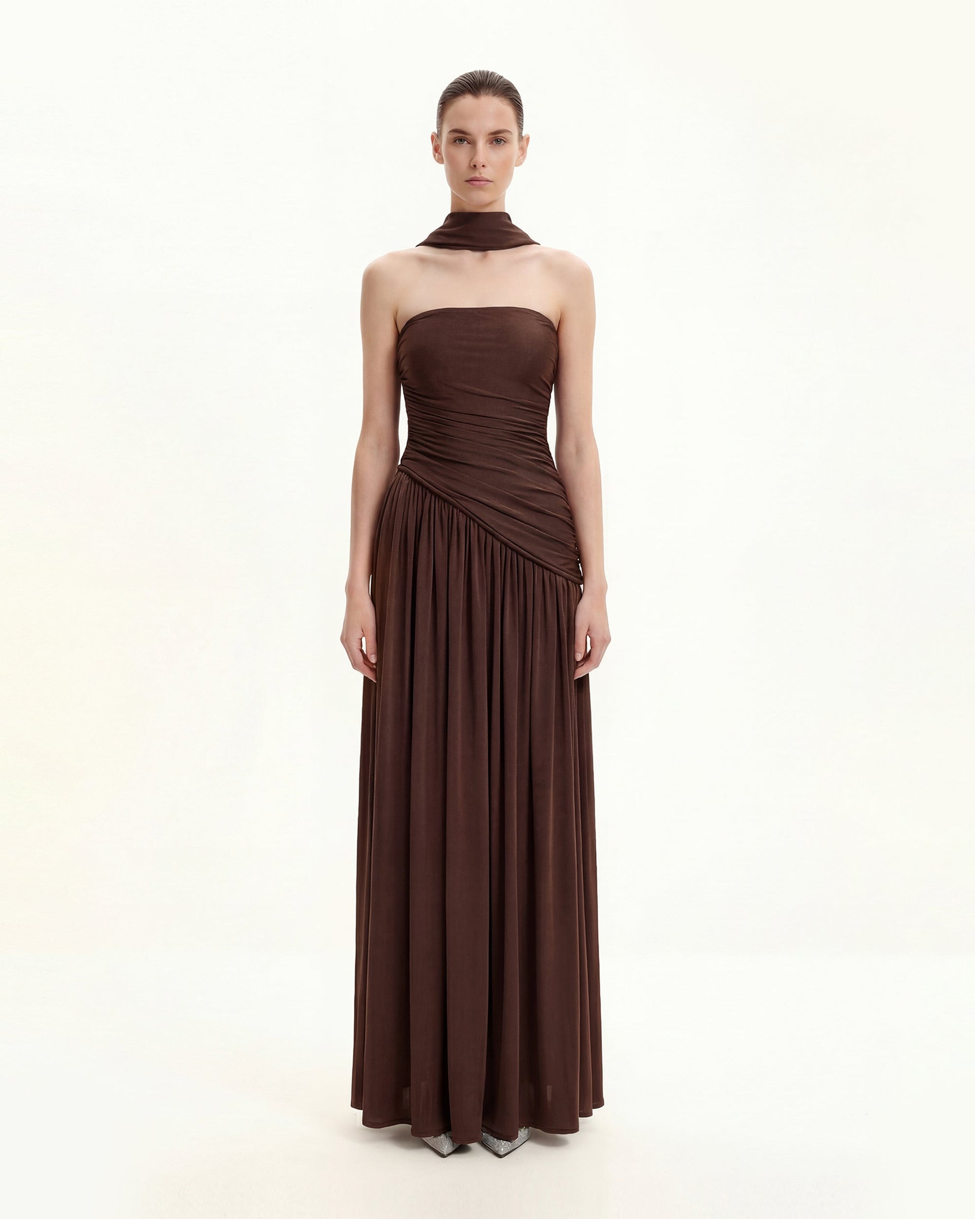 Ruched Panel Strapless Maxi Dress - Brown