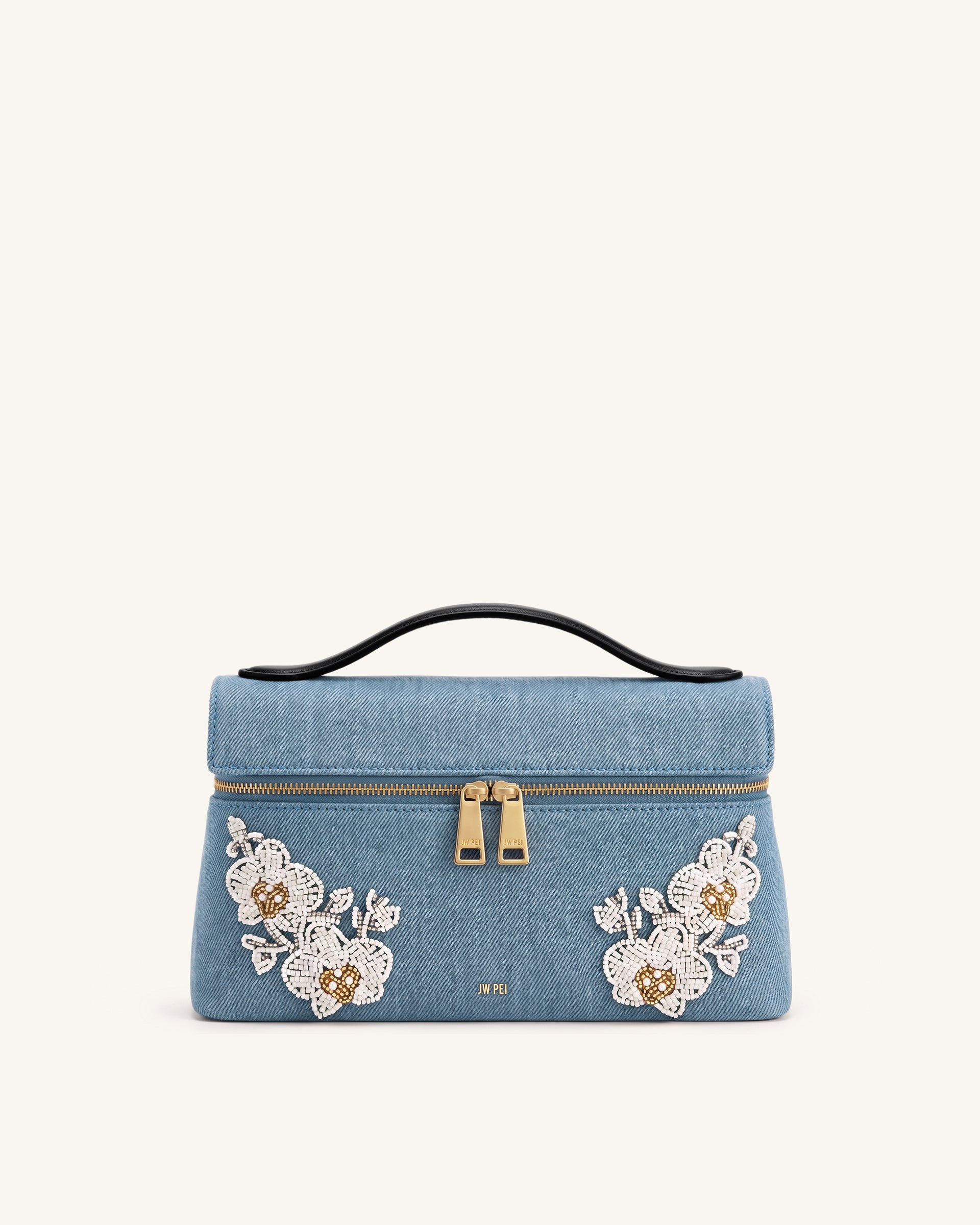 Thea Beaded Floral Top Handle Bag - Light Blue Denim