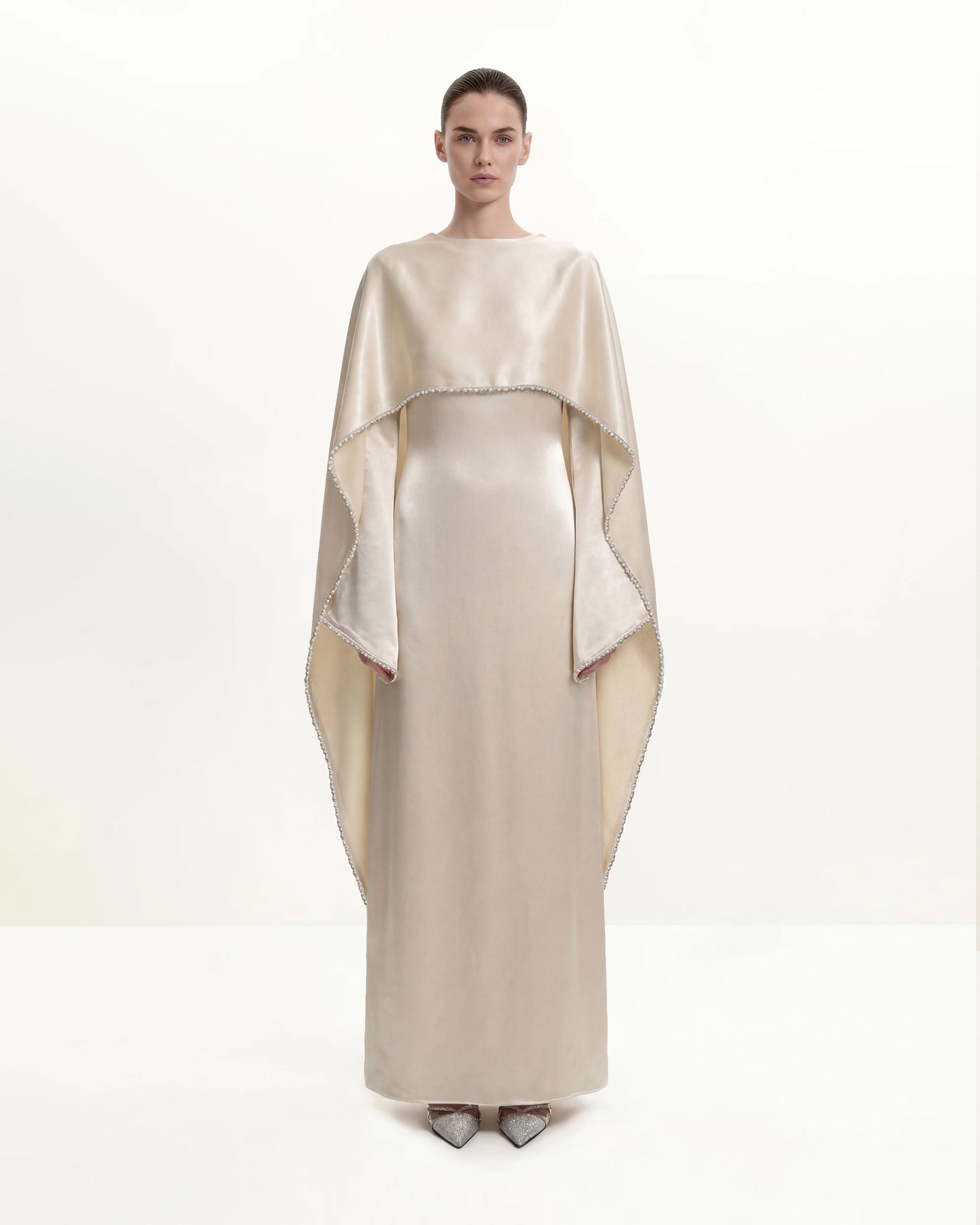198Pearl-Trimmed Cape Sleeve Boat Neck Maxi Gown-Cream
