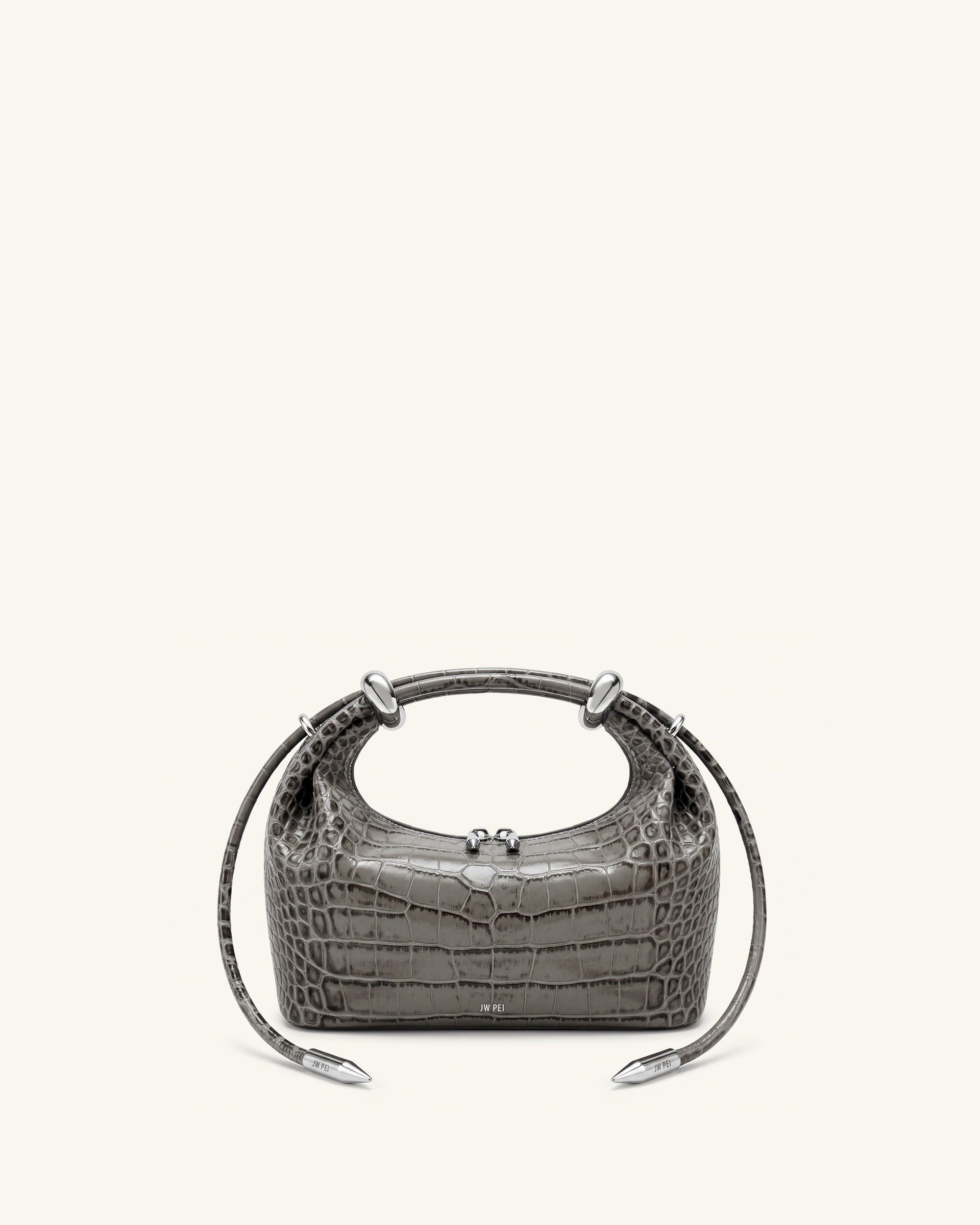 Ellie Metal Ring Embellished Top Handle Bag - Medium Gray Croc