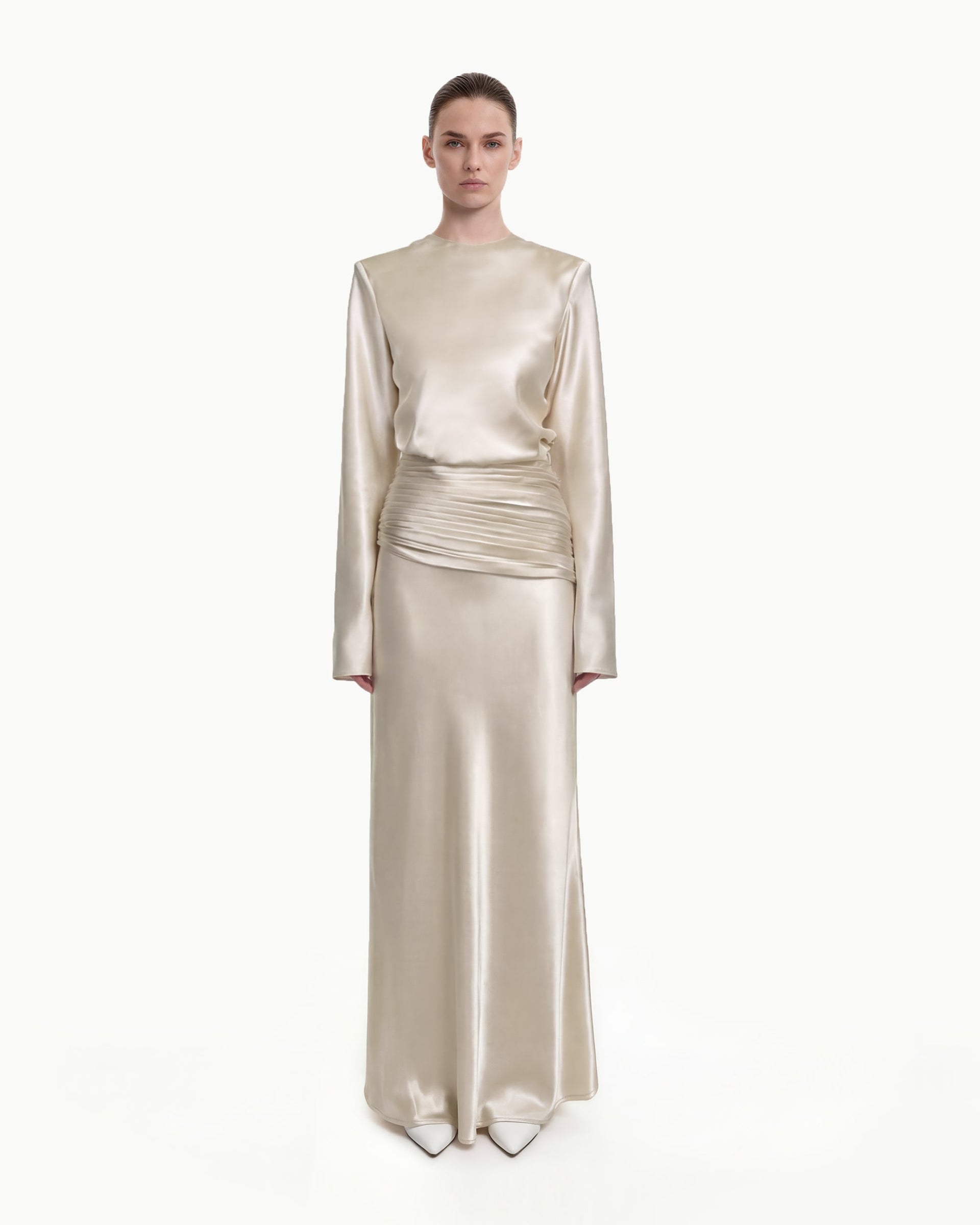 Satin-Feel Draped Maxi Skirt - Cream