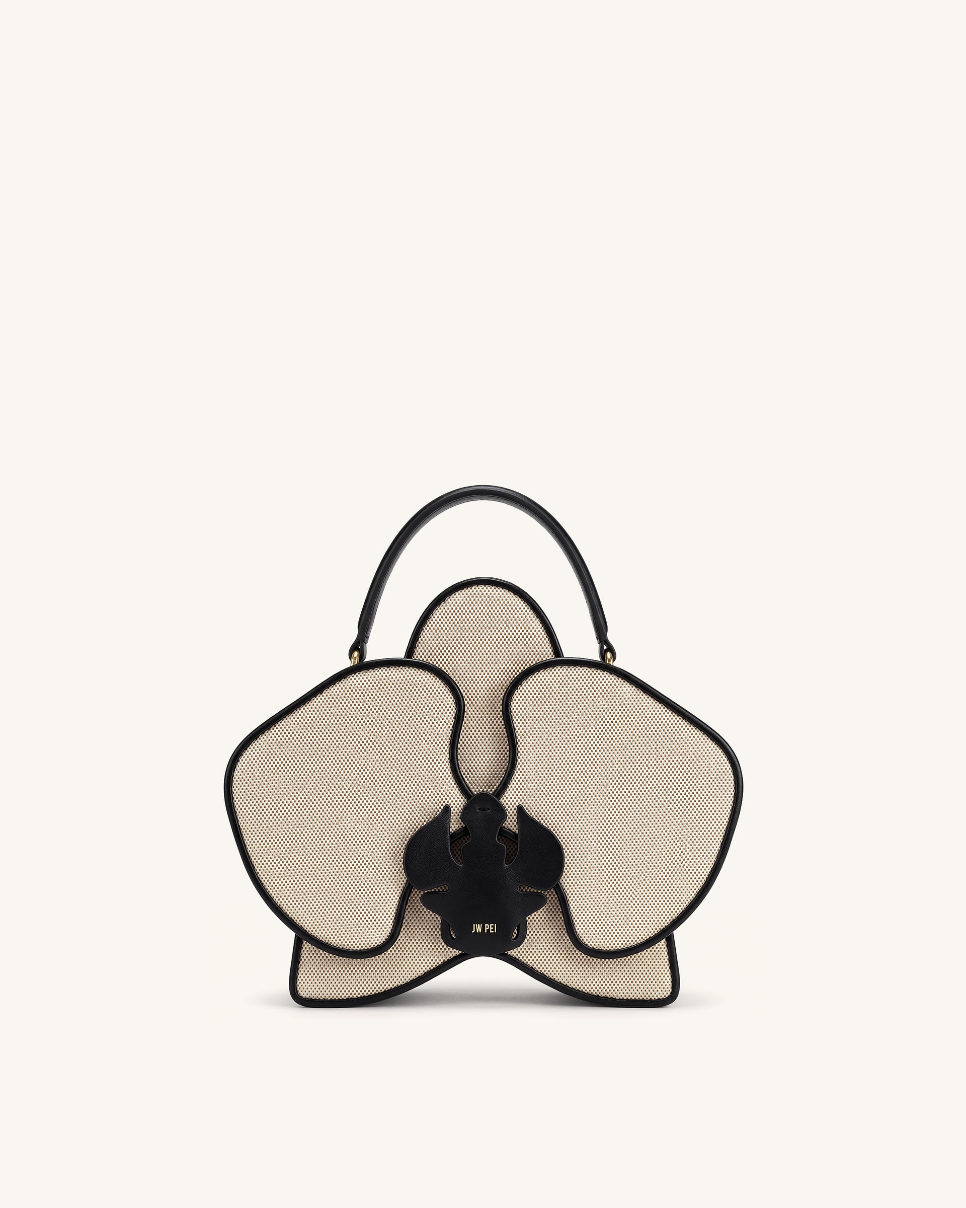 Flora Orchid Shaped Top Handle Bag - Black White Canvas