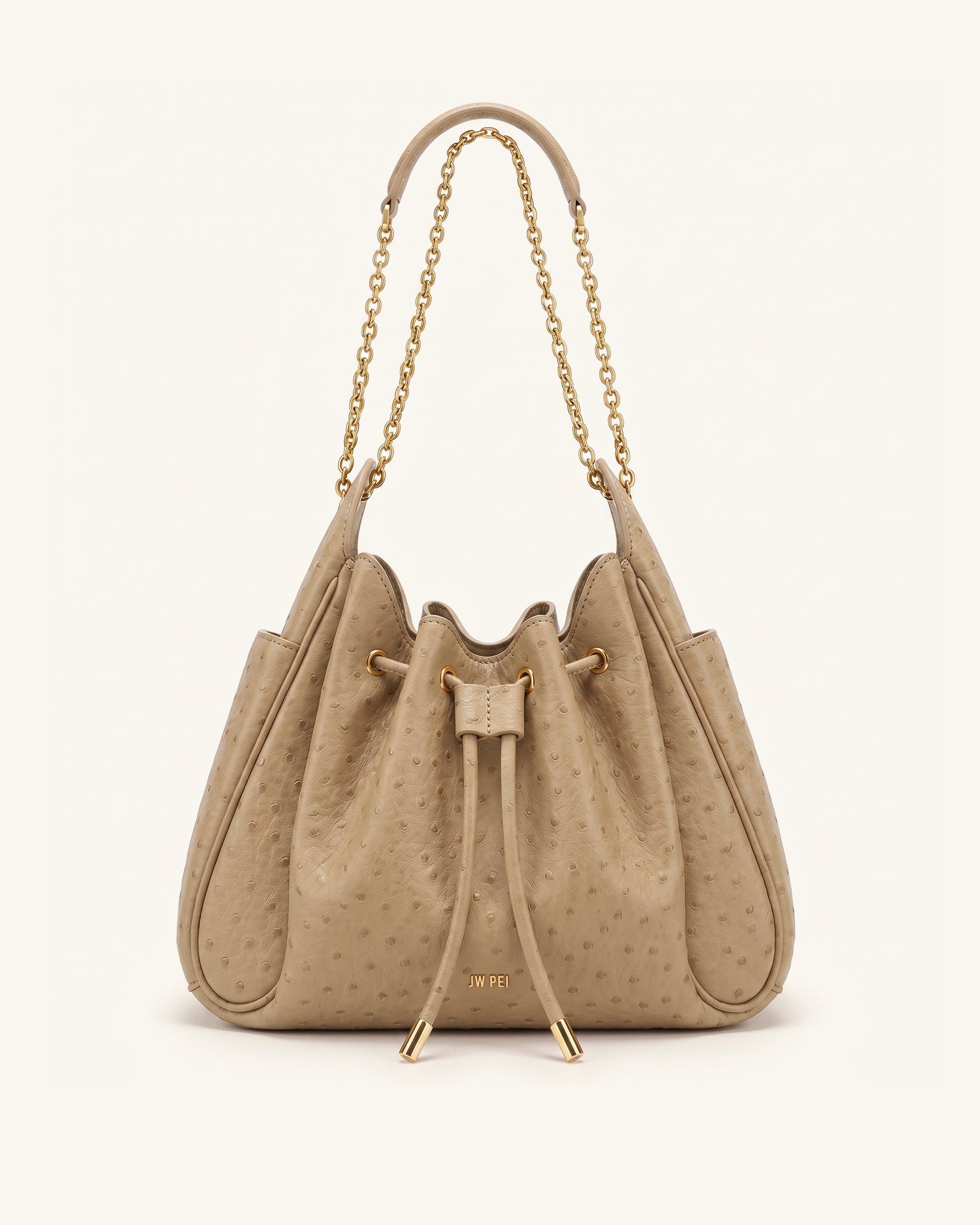 Rowan Faux Ostrich Grain Ruched Drawstring Chain Bucket Bag - Oak Brown