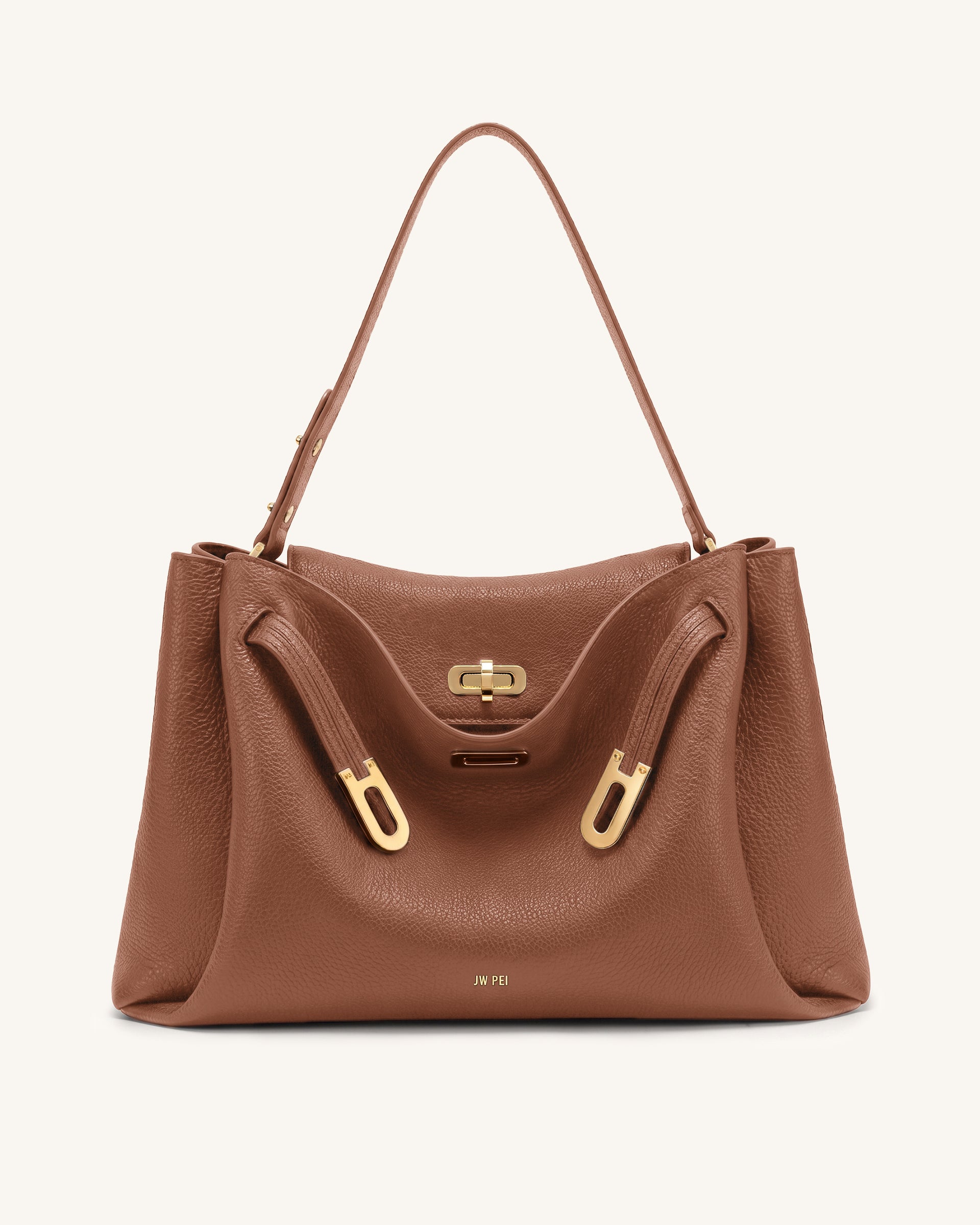 Rhea Large Pebbled Double Buckle Shoulder Bag - Reddish Brown