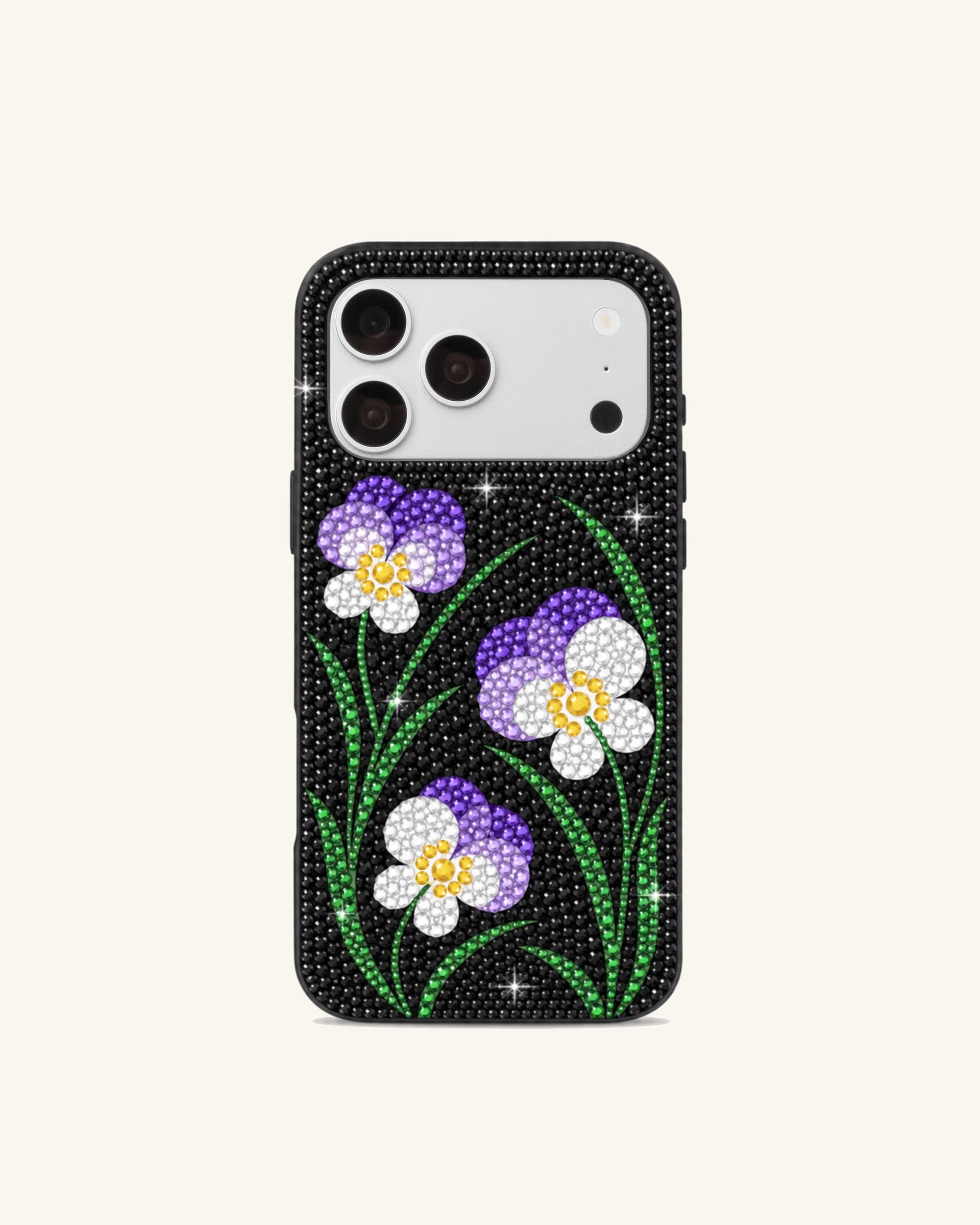 Violet Artificial Crystal Flower Phone Case – Black