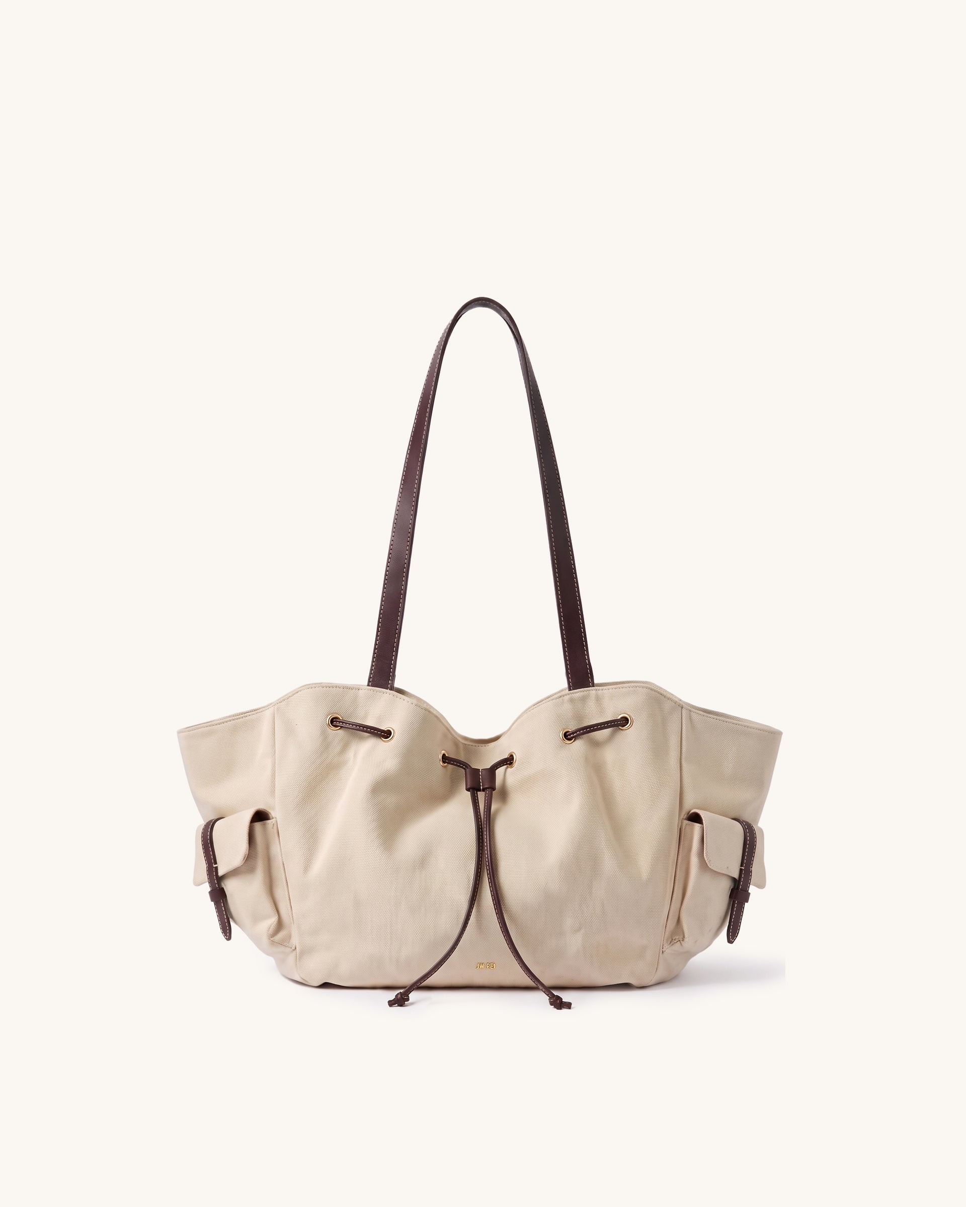Corinne Canvas Drawstring Tote Bag – Beige