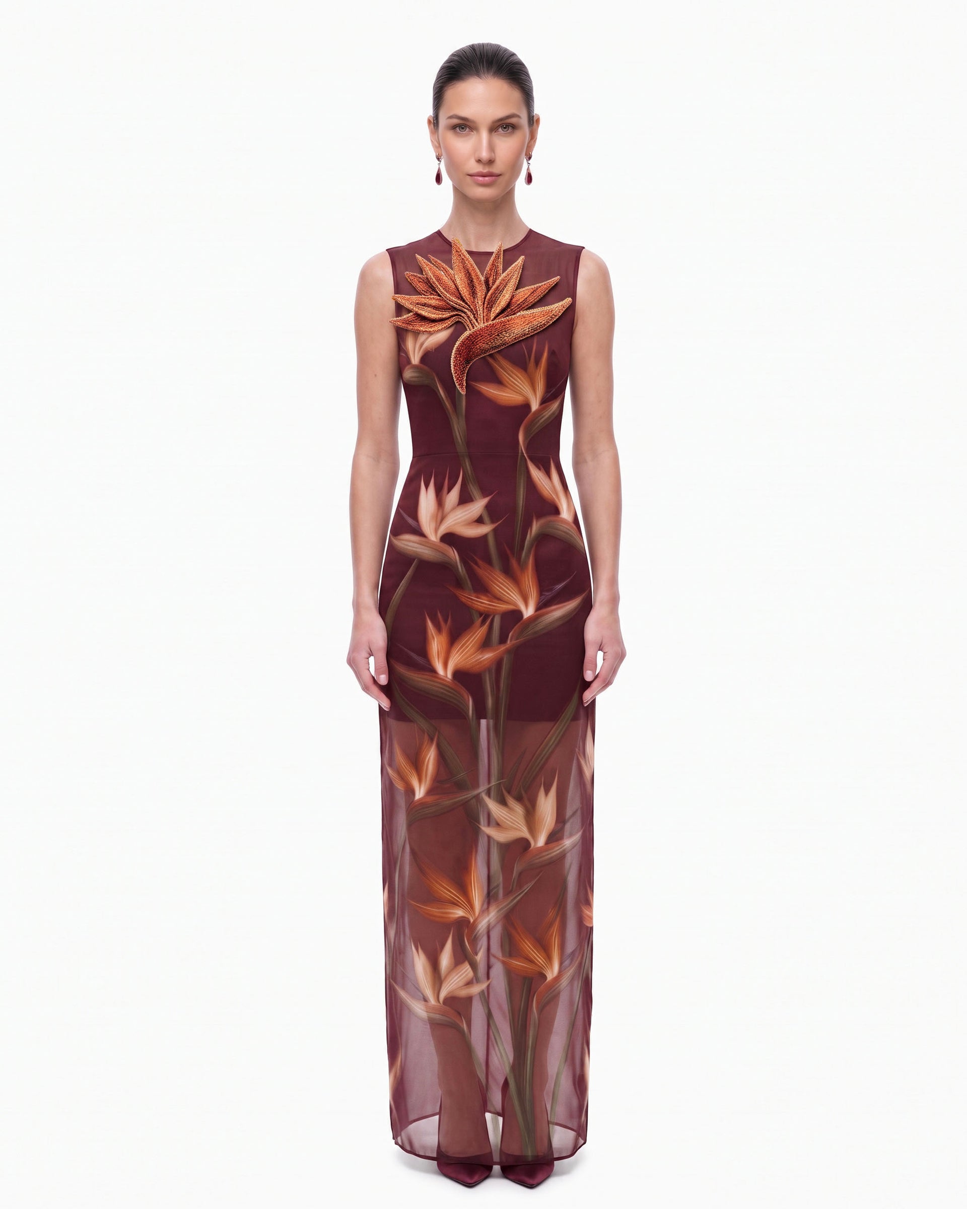 Bird of Paradise Appliqué Sheer Column Maxi Dress - Burgundy