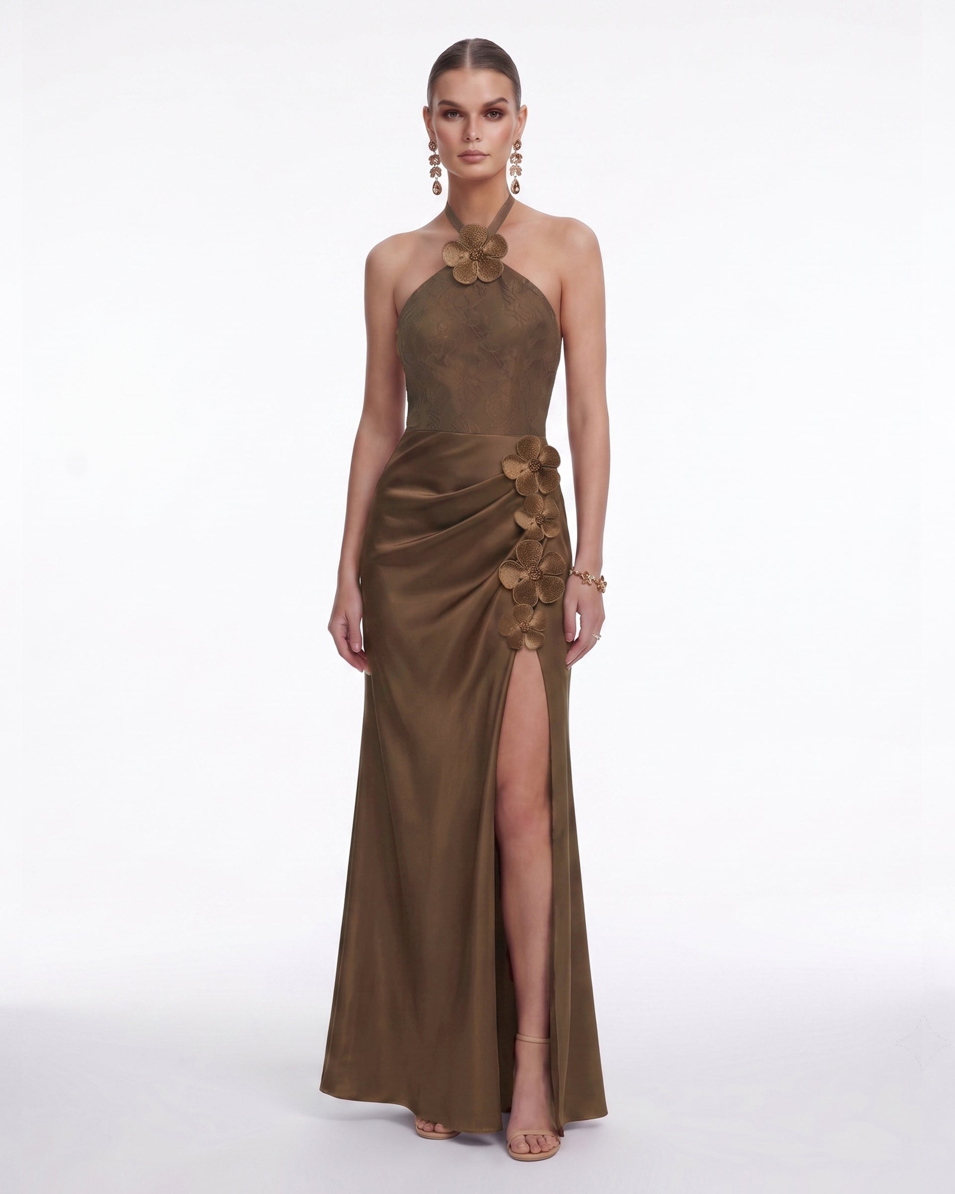 Floral Appliqué Halter Slit Satin Maxi Dress - Brown