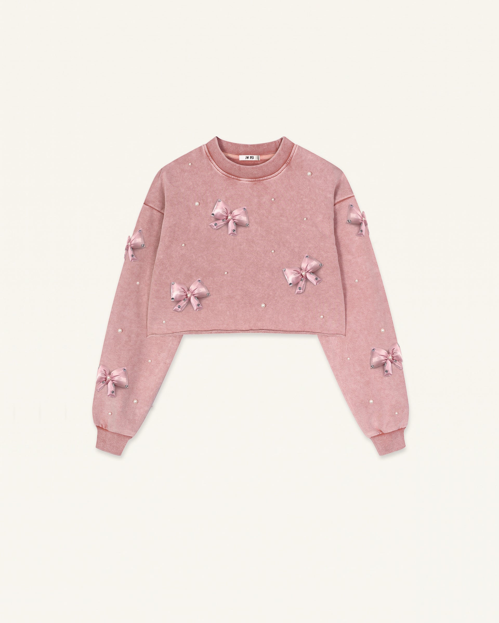 Coquette 3D Satin Bow Pearl Sweatshirt - Vintage Pink
