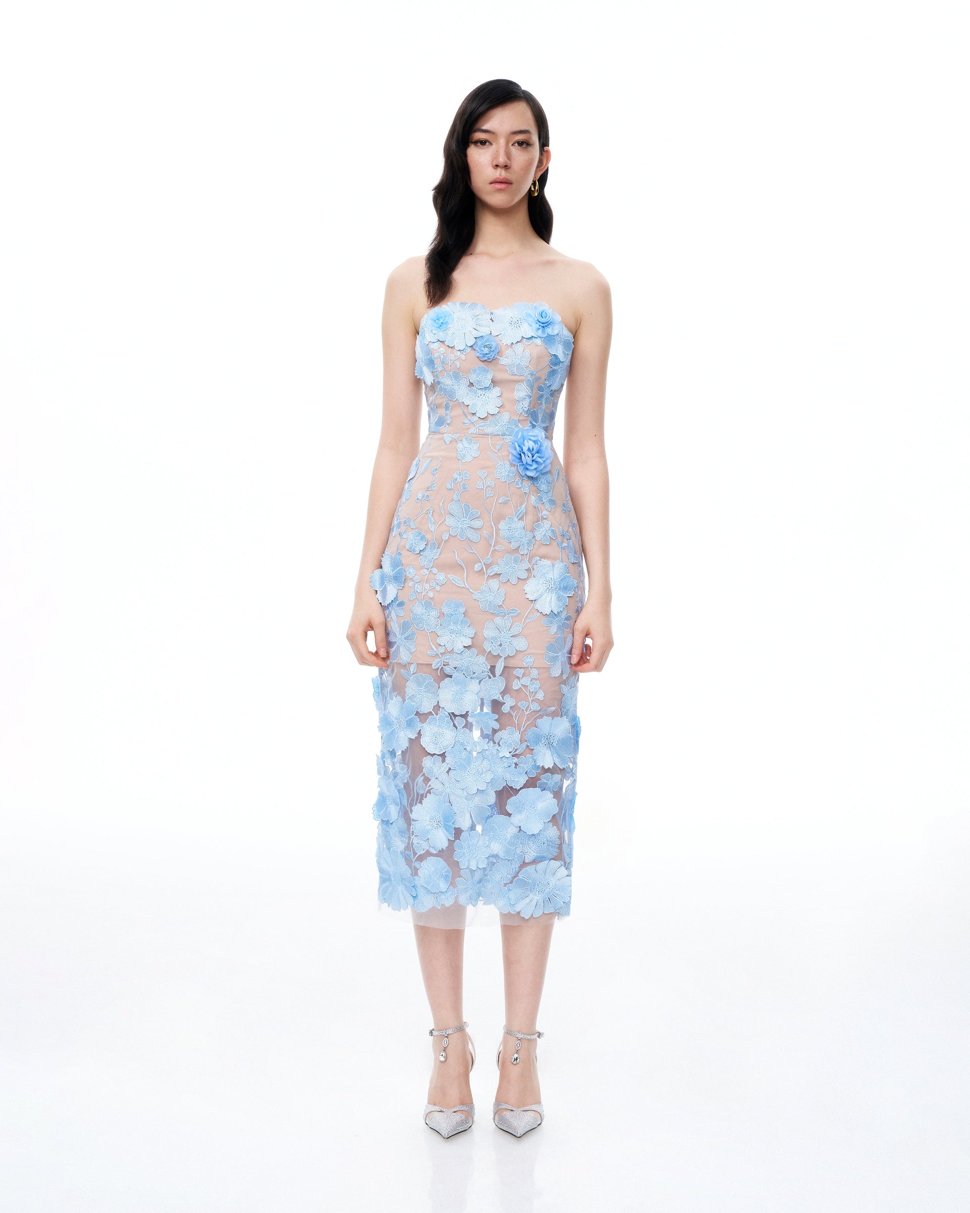 Evander 3D Floral Embroidered Maxi Dress - Blue