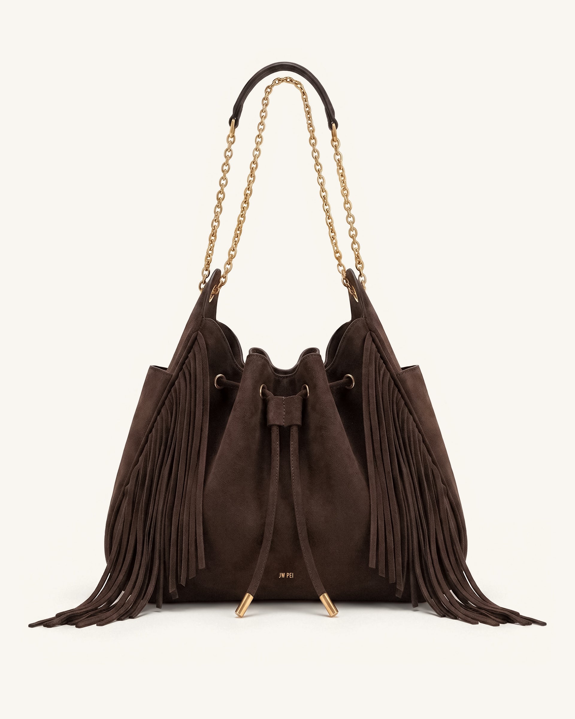 Rowan Faux Suede Tassel Ruched Drawstring Chain Bucket Bag - Amber Brown
