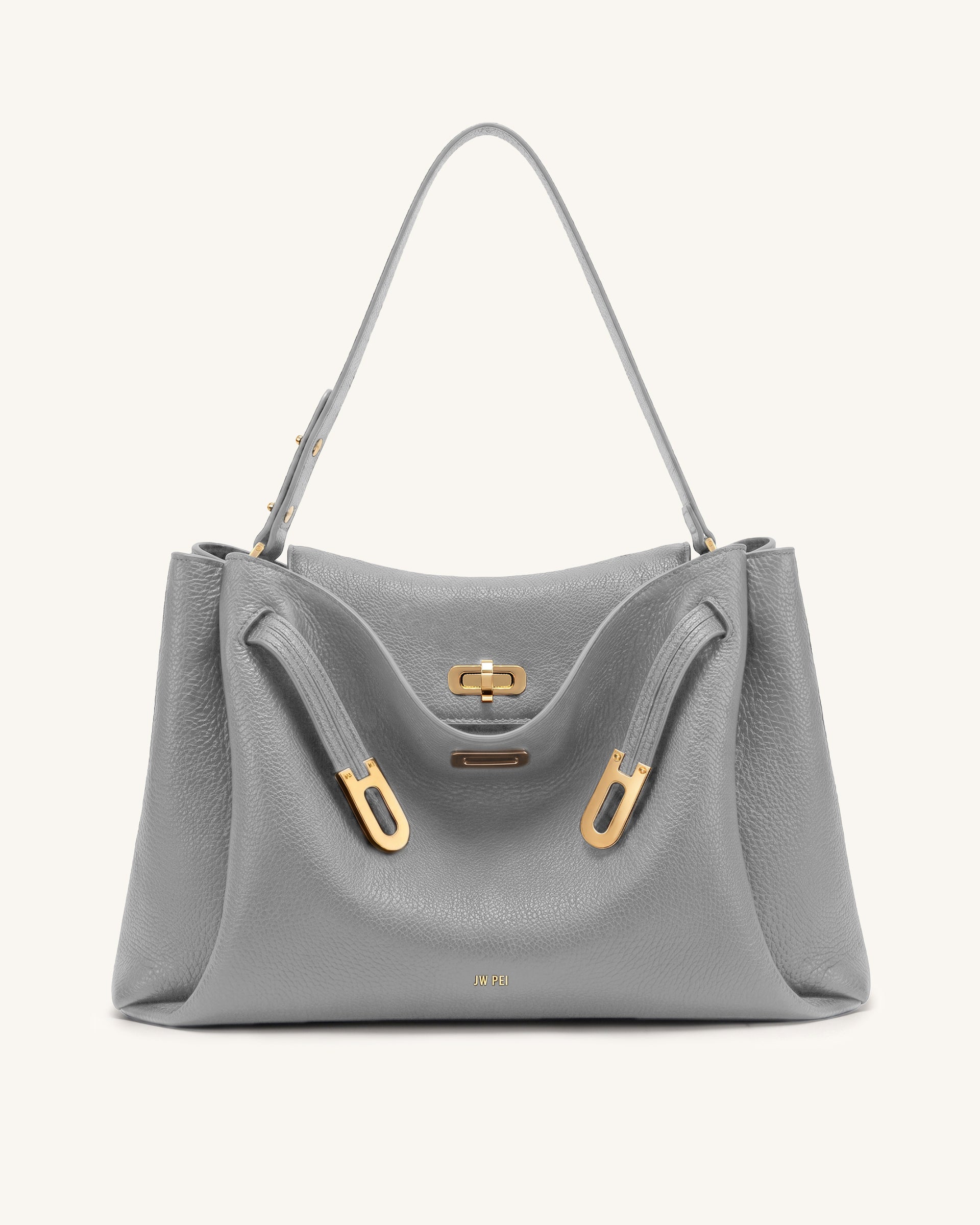 Rhea Large Pebbled Double Buckle Shoulder Bag - Smoke Gray
