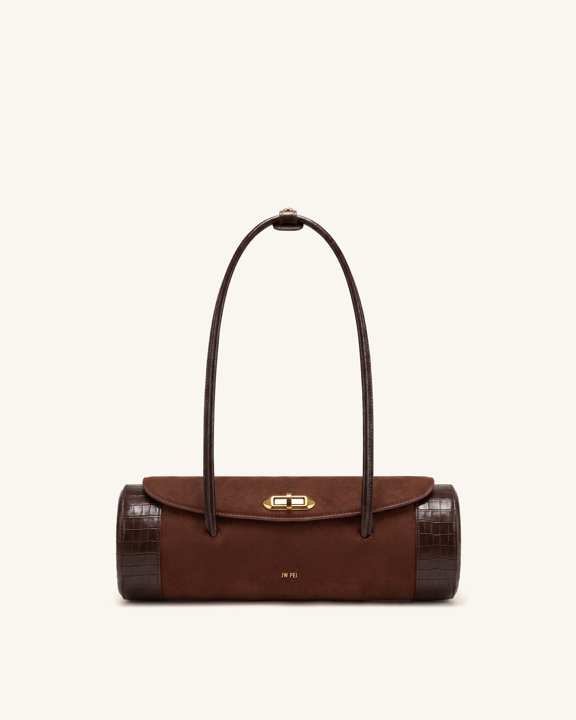 Maelis Faux Suede Croc-Trim Barrel Bag - Dark Brown