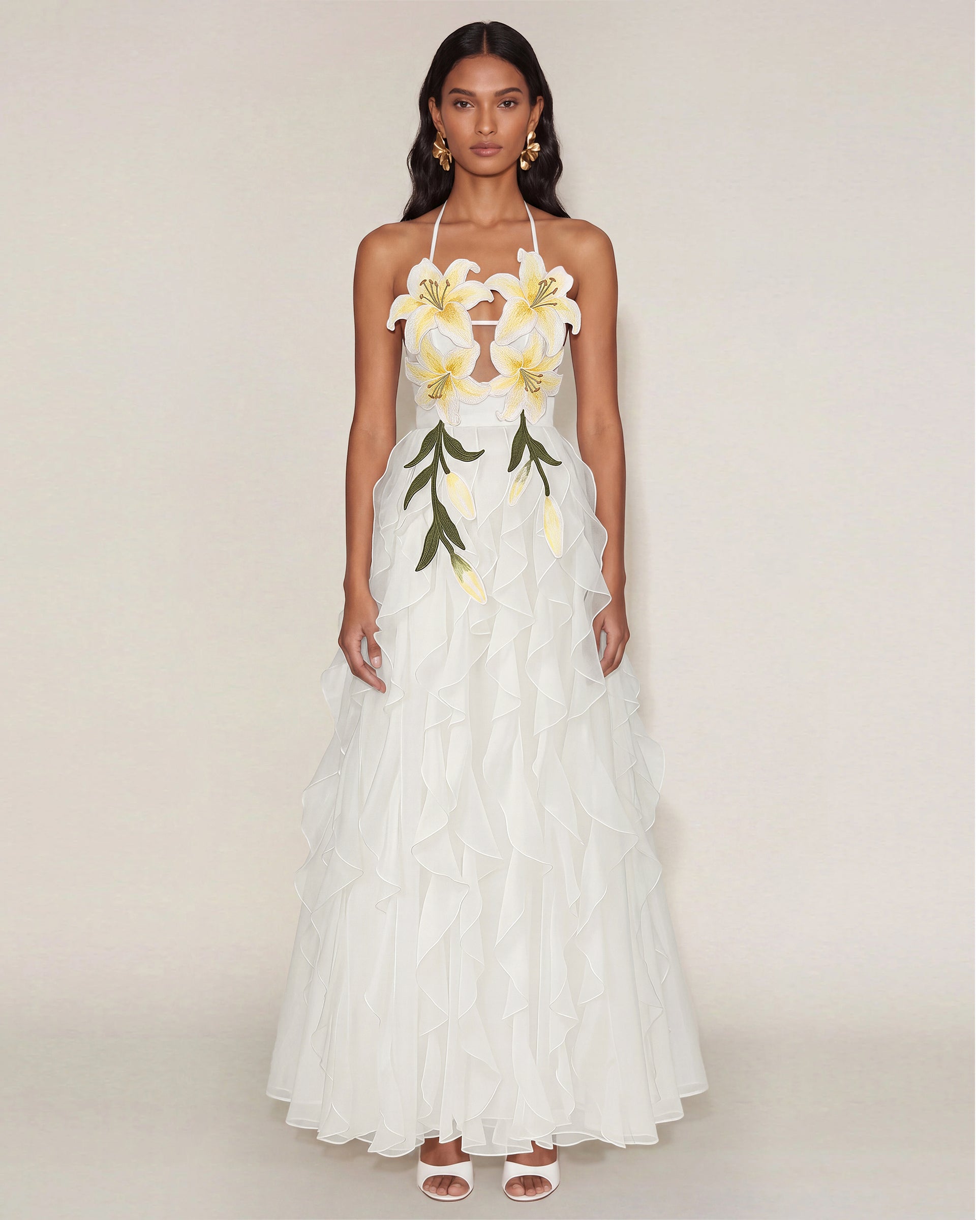 Lily-Embroidered Embroidered Halter Tiered Maxi Dress - White