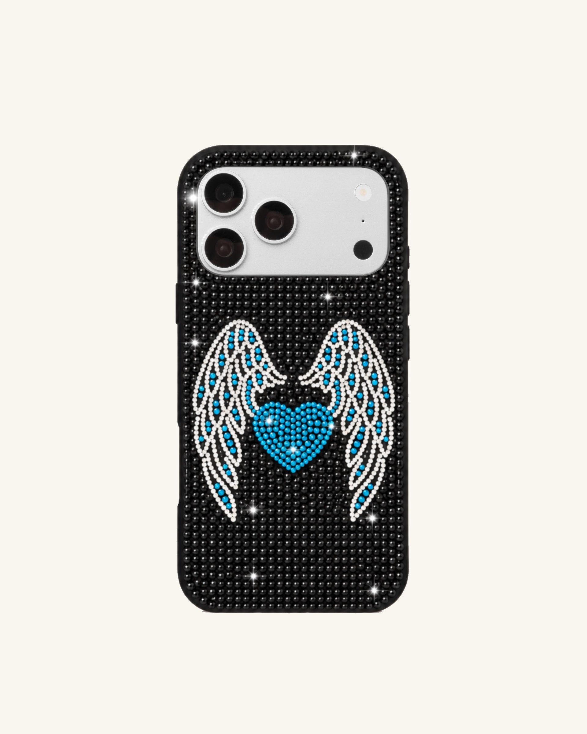 Blue Crystal Wing Heart Phone Case – Black