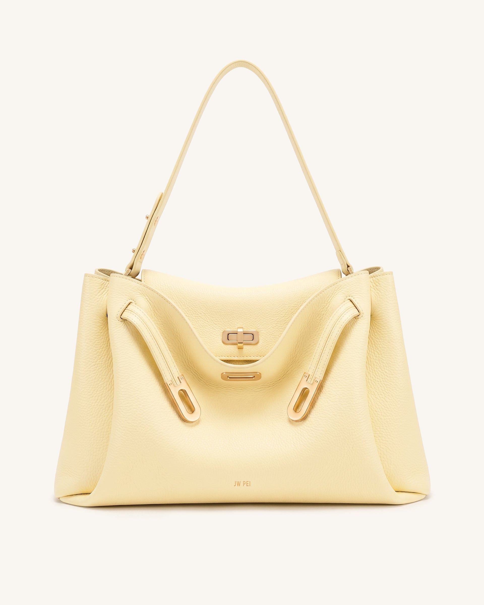 Rhea Large Pebbled Double Buckle Shoulder Bag - Creamy Yellow