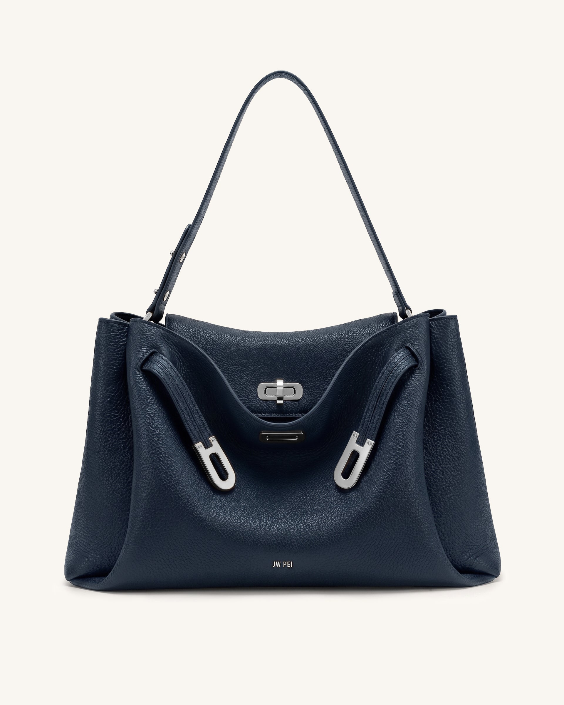 Rhea Large Pebbled Double Buckle Shoulder Bag - Navy Blue