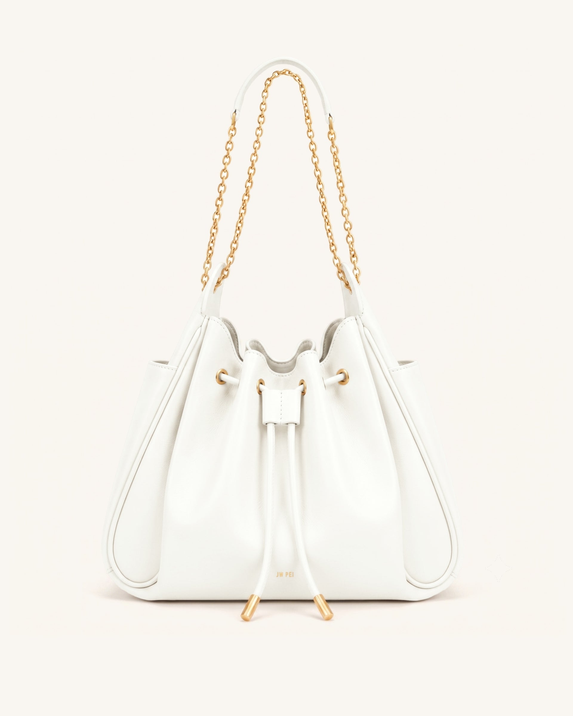 Rowan Ruched Drawstring Chain Bucket Bag - Ivory