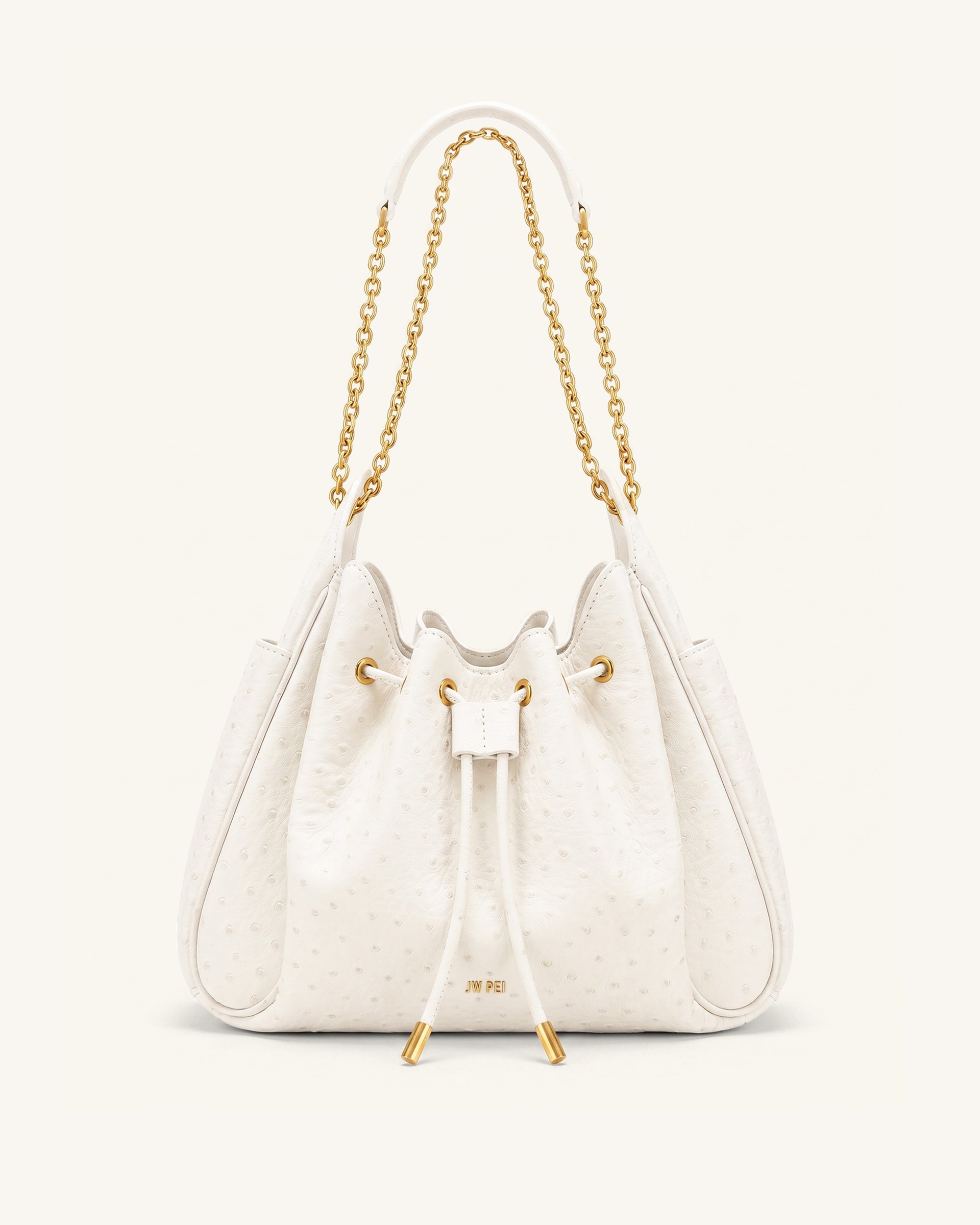 Rowan Faux Ostrich Grain Ruched Drawstring Chain Bucket Bag - Cream White