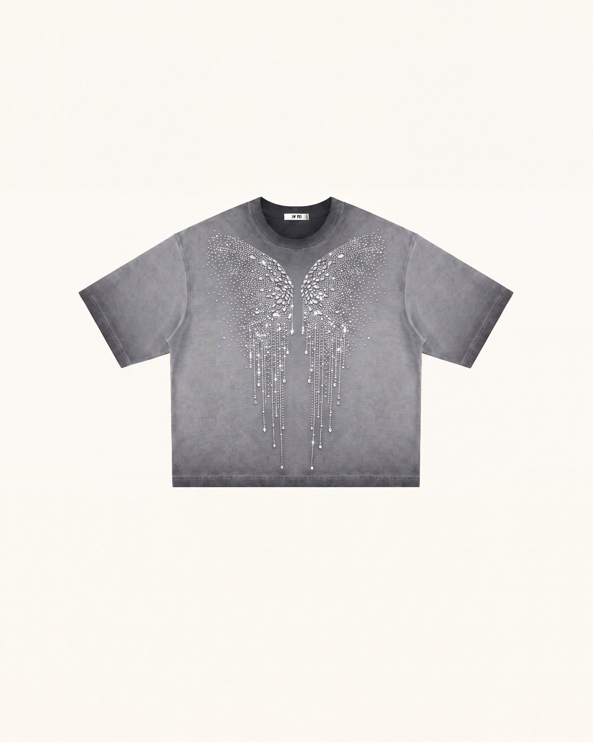 The Angelic Dripping Crystal Wings Tee - Washed Grey