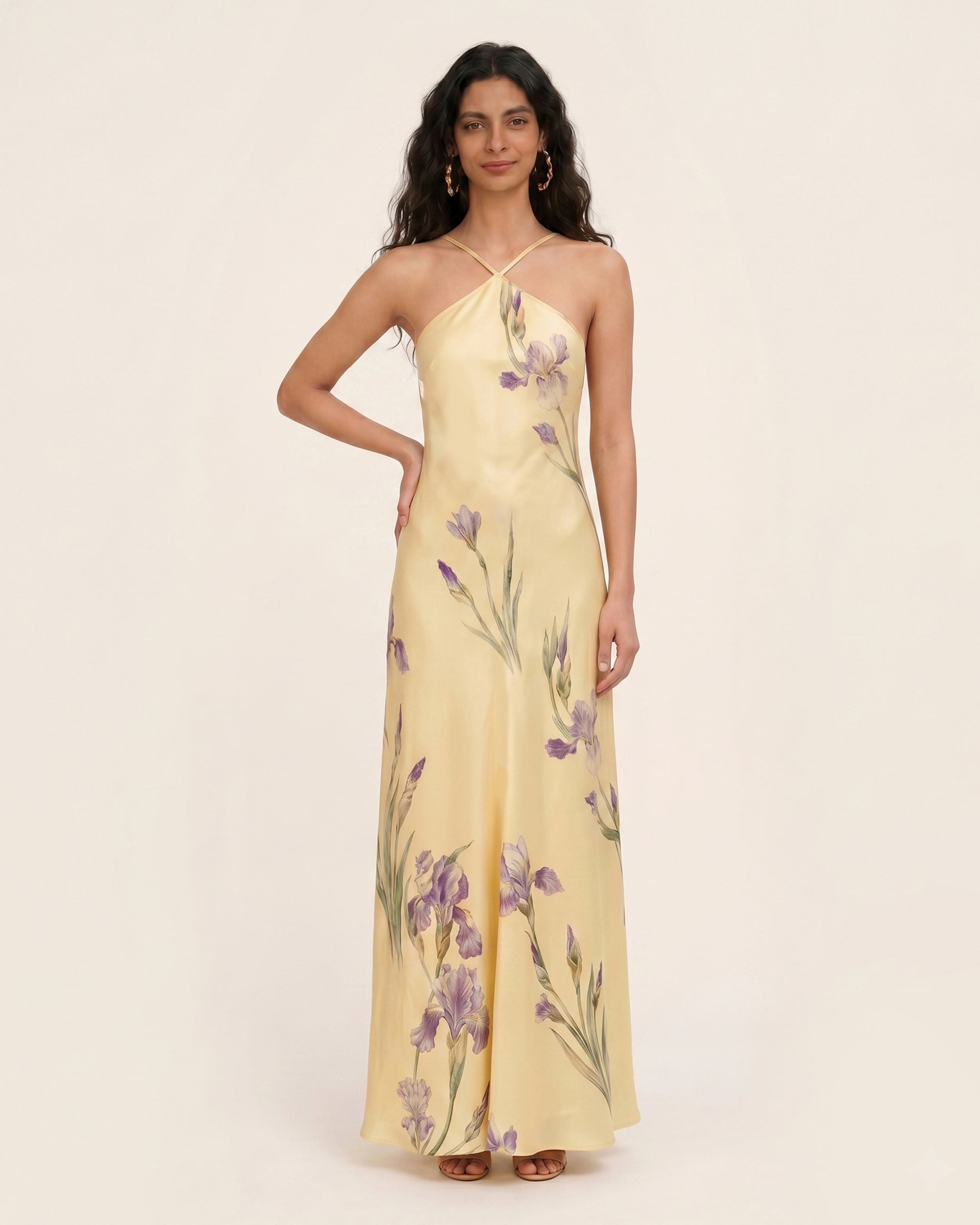 Iris Print Cross-Halter Open-Back Maxi Dress - Yellow